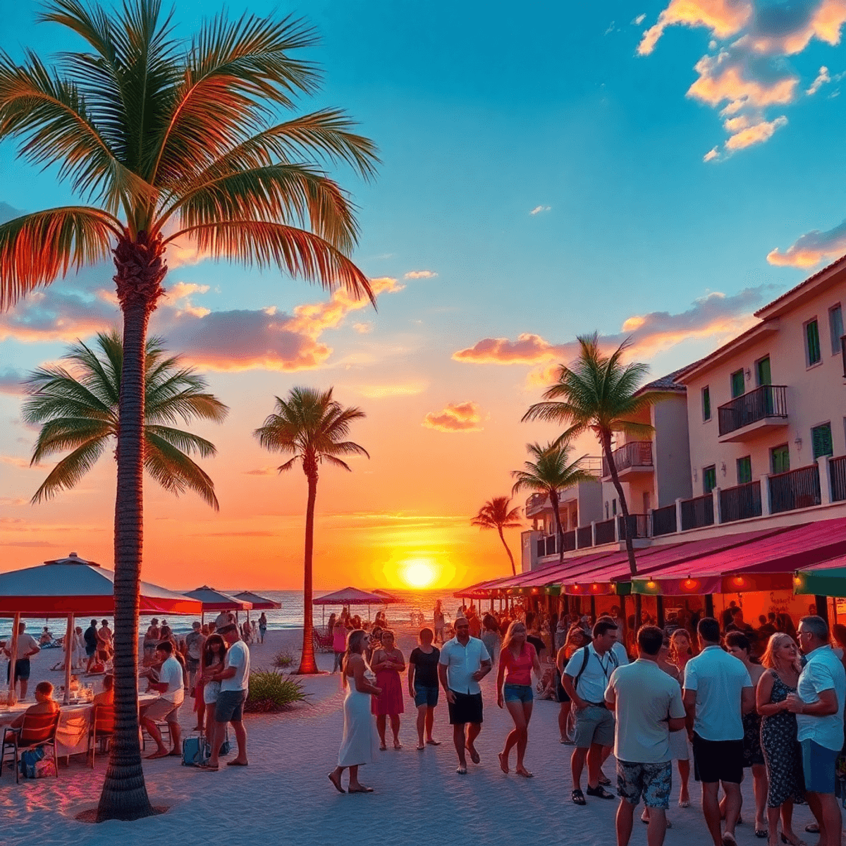 A vibrant sunset over the Gulf Coast in Venice, Florida, with palm trees, couples enjoying activities, and Mediterranean-style buildings in a livel...