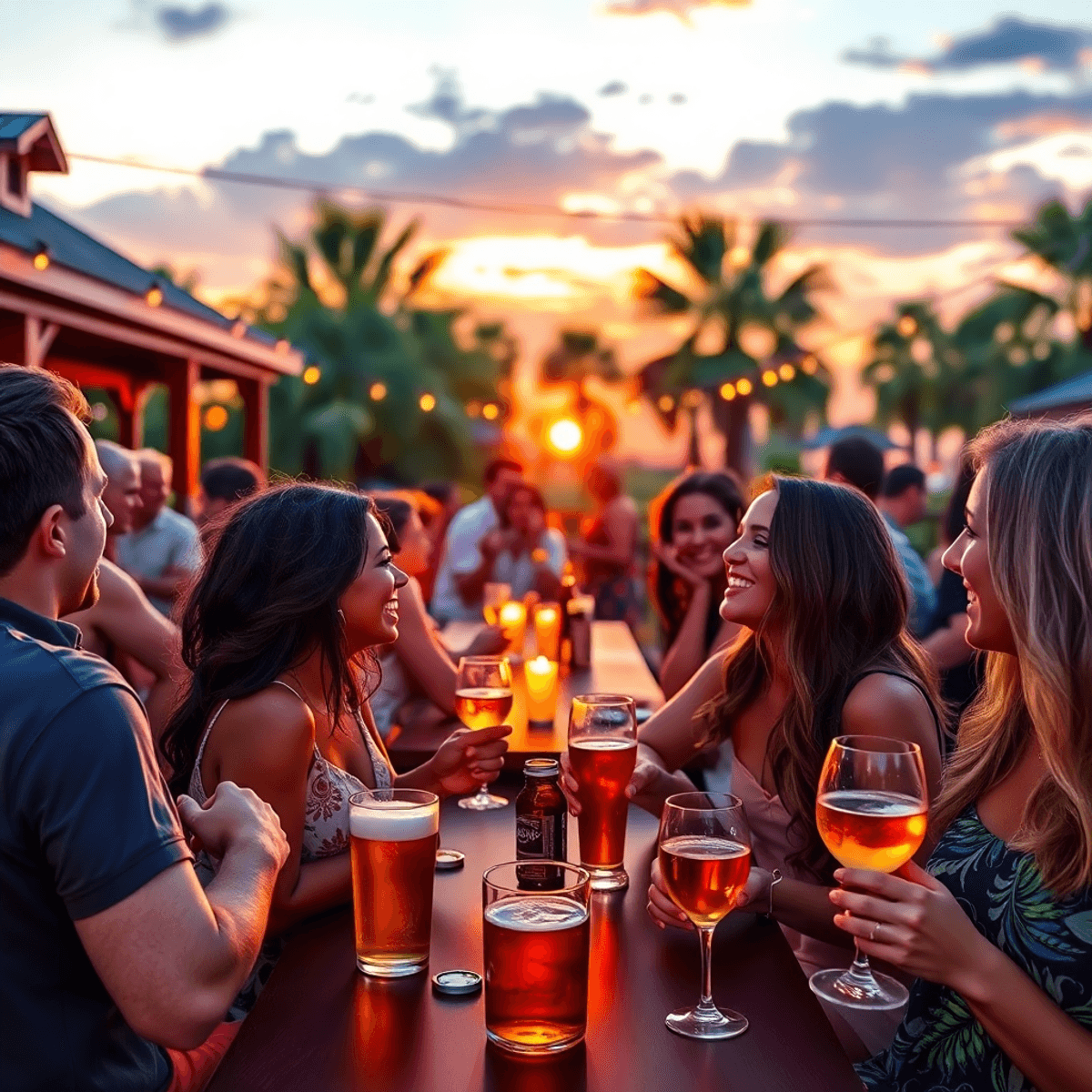 A lively outdoor social mixer in Rockledge, Florida, featuring singles enjoying craft beer and wine against a warm sunset backdrop, creating a roma...