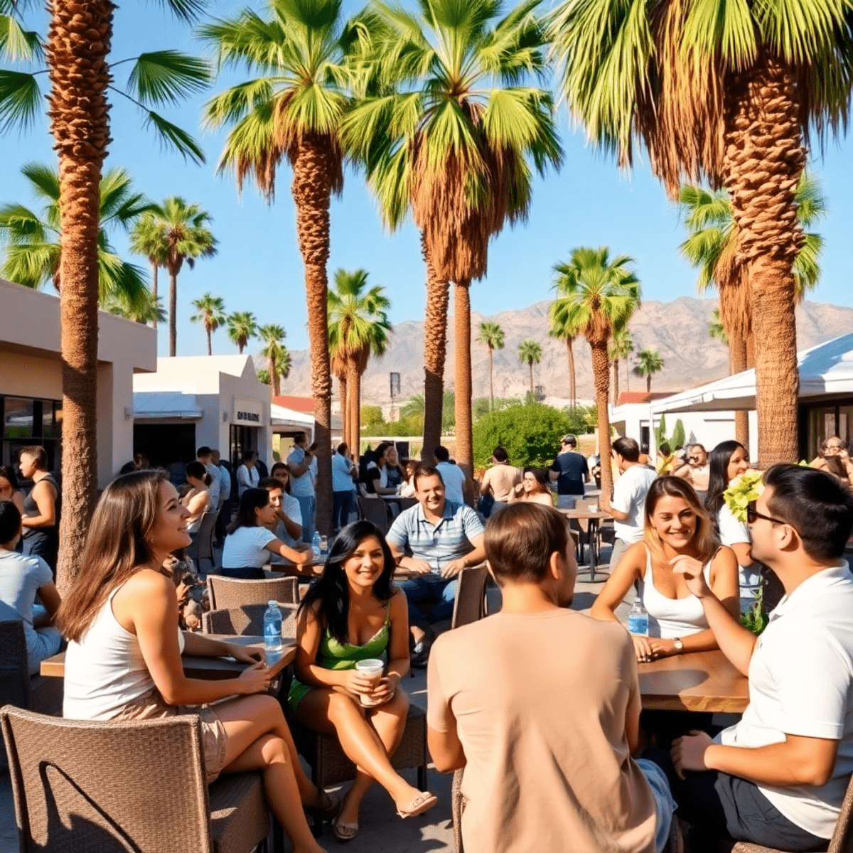 A lively outdoor scene in Palm Springs with palm trees, casual seating, and a group of singles chatting and laughing, capturing the warm atmosphere...