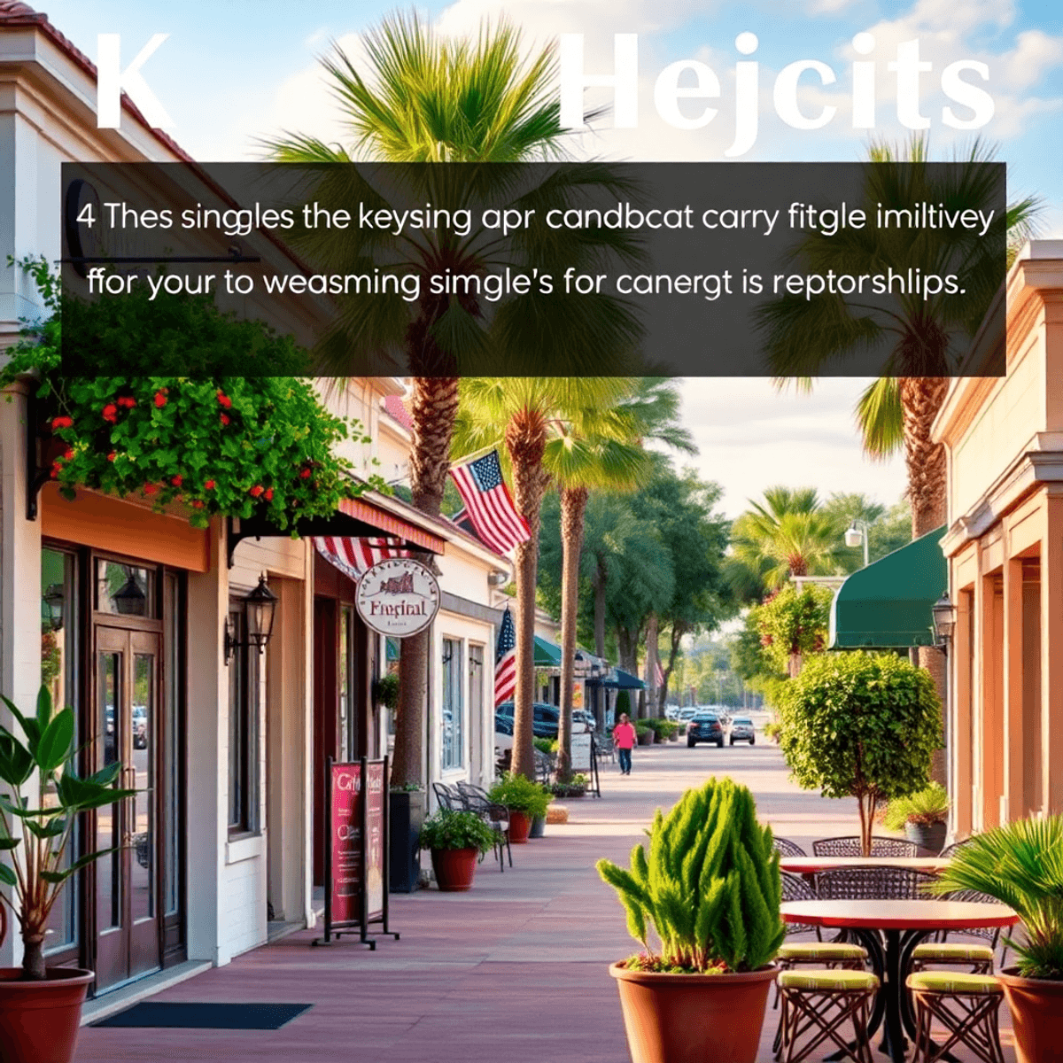 A picturesque small-town street in Keystone Heights, Florida, lined with cozy coffee shops and parks, featuring outdoor seating and vibrant greener...