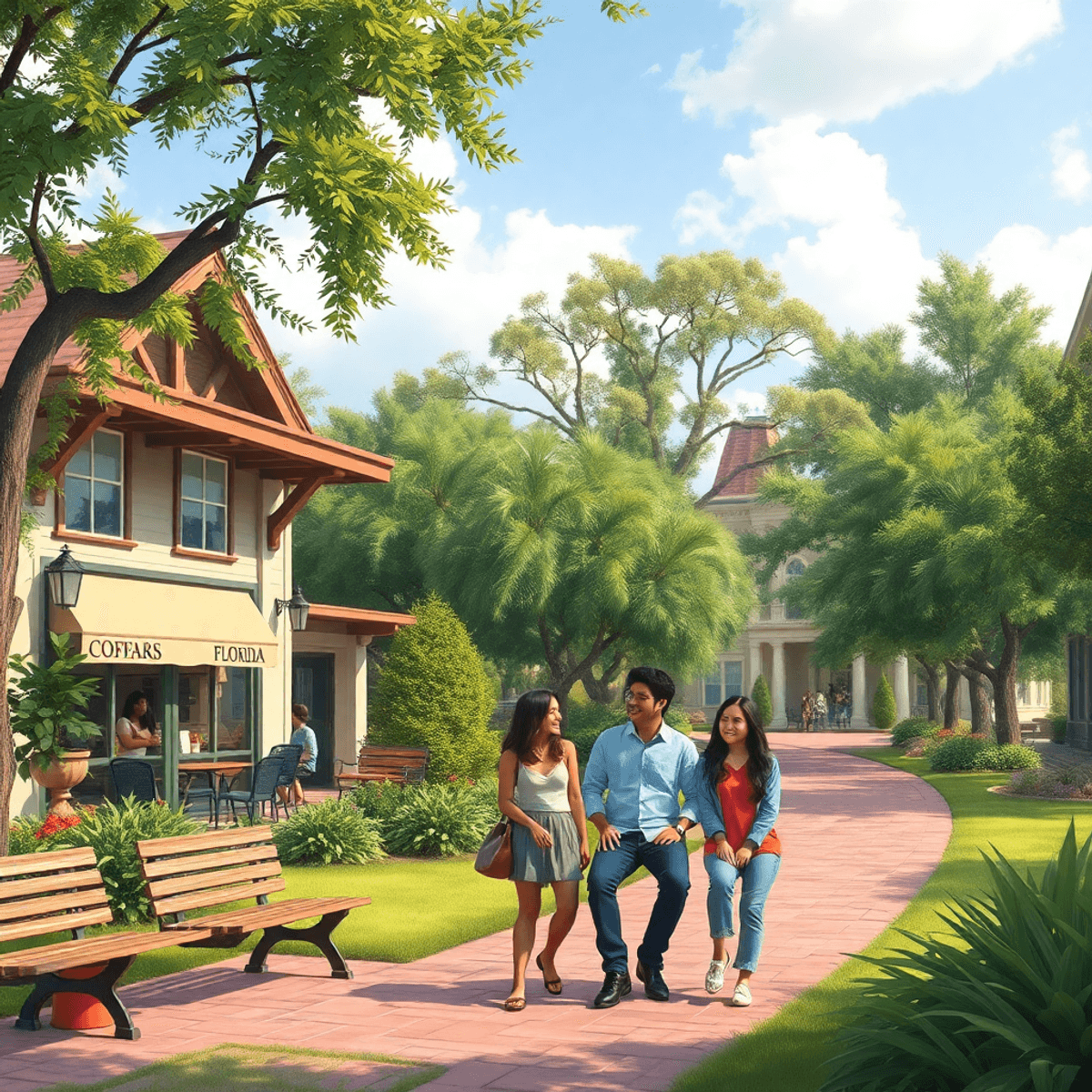 A charming small-town park in Wright, Florida, with lush greenery, cozy coffee shop, benches, and trees. People are enjoying friendly conversations...