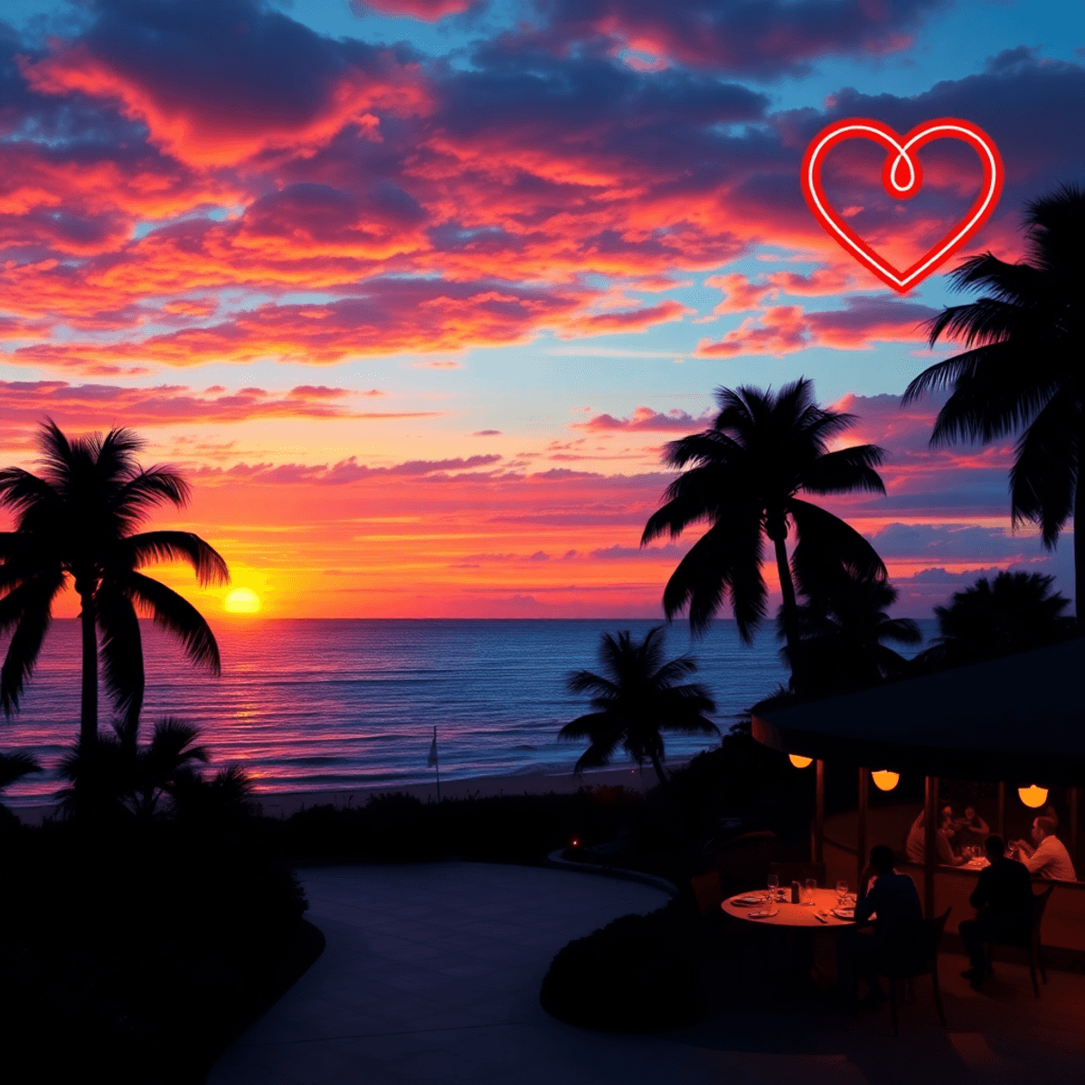 A vibrant sunset over the water in Palm City, Florida, with silhouettes of palm trees and a couple enjoying a romantic dinner at an outdoor restaur...