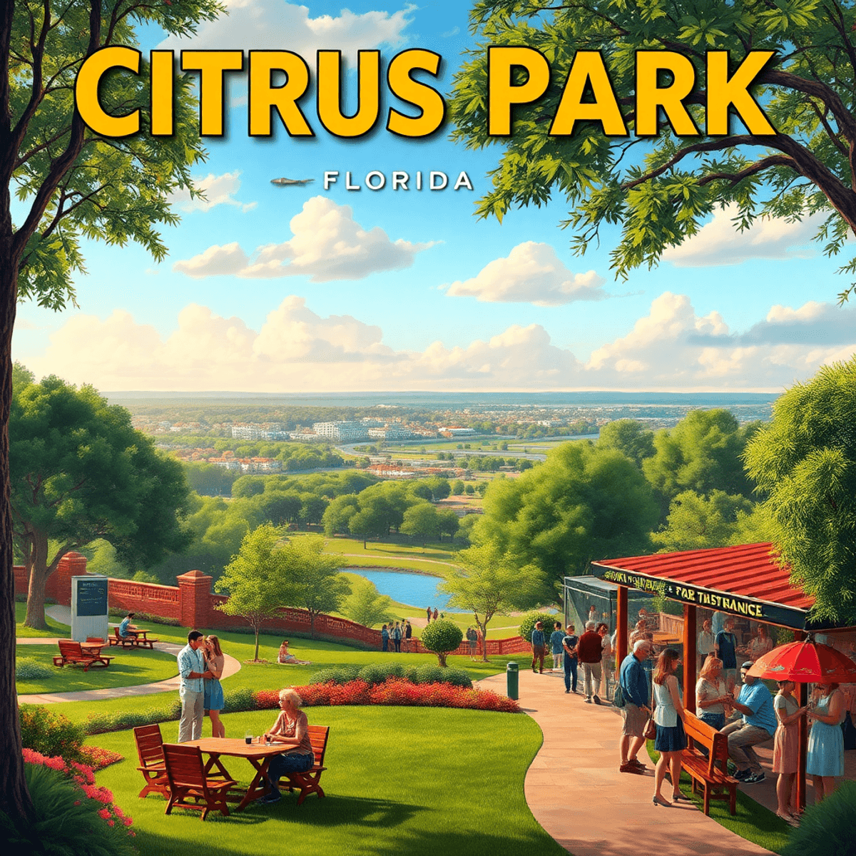 A picturesque park in Citrus Park, Florida, with walking trails, picnic areas, and a cozy restaurant. Couples picnic and friends mingle, creating a...