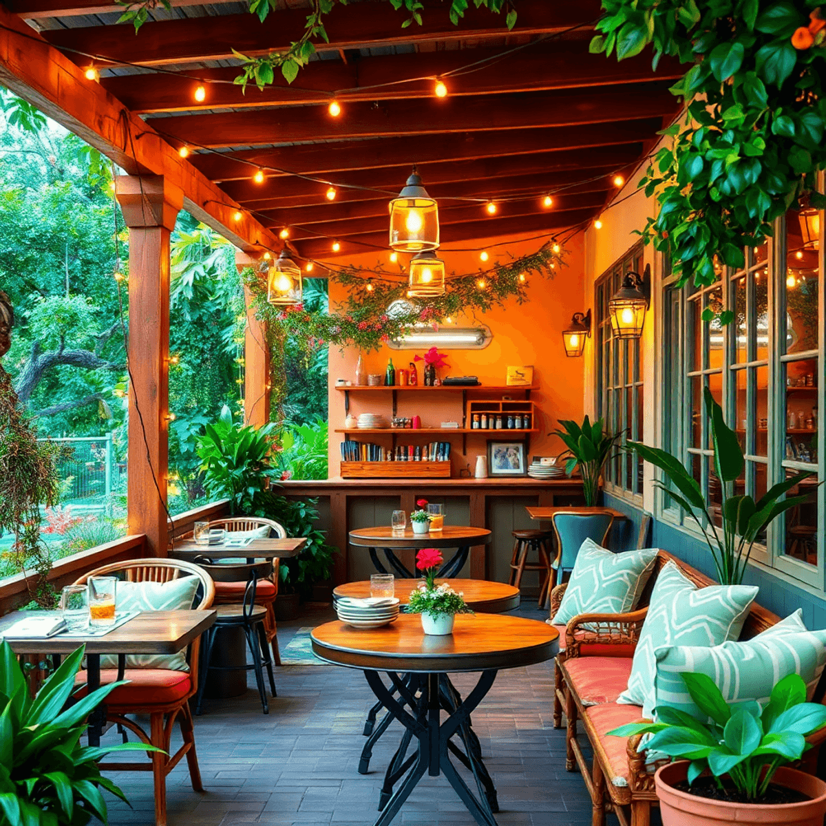 Cozy outdoor café in Pace, Florida, featuring twinkling string lights, comfortable seating, and lush greenery, creating a warm and romantic atmosph...