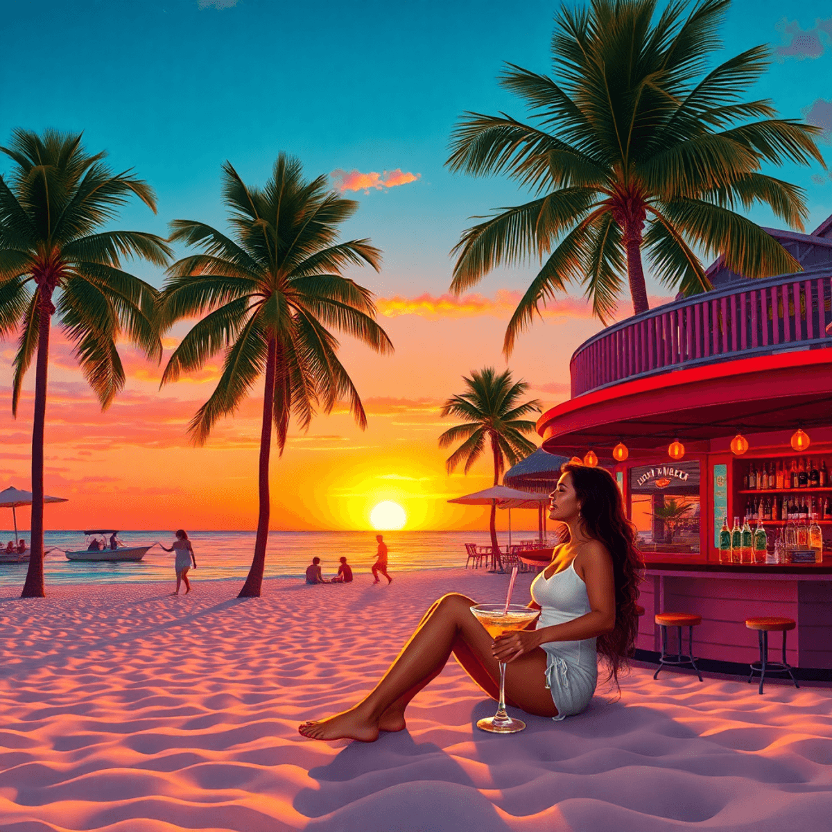 A vibrant beach scene in Key West at sunset, with swaying palm trees, a cozy bar, flip-flops, and a colorful cocktail, capturing the relaxed tropic...