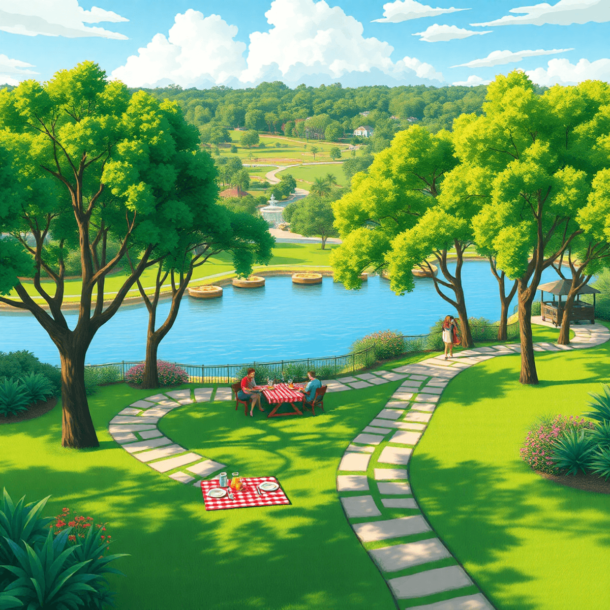 A scenic park in Palm River-Clair Mel, Florida, with lush greenery, walking trails, a peaceful water view, and couples enjoying a picnic in a vibra...