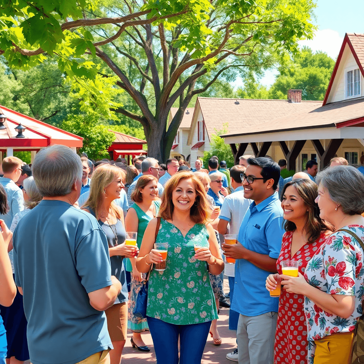 A sunny outdoor community gathering in Silver Springs Shores, with people enjoying food and drinks, smiling and mingling amidst lush greenery and c...