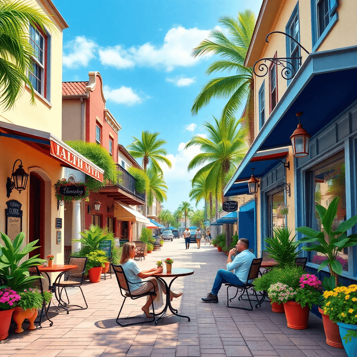 A picturesque small-town street in Sebastian, Florida, with charming cafes, outdoor seating, and a couple enjoying coffee amidst lush greenery and ...