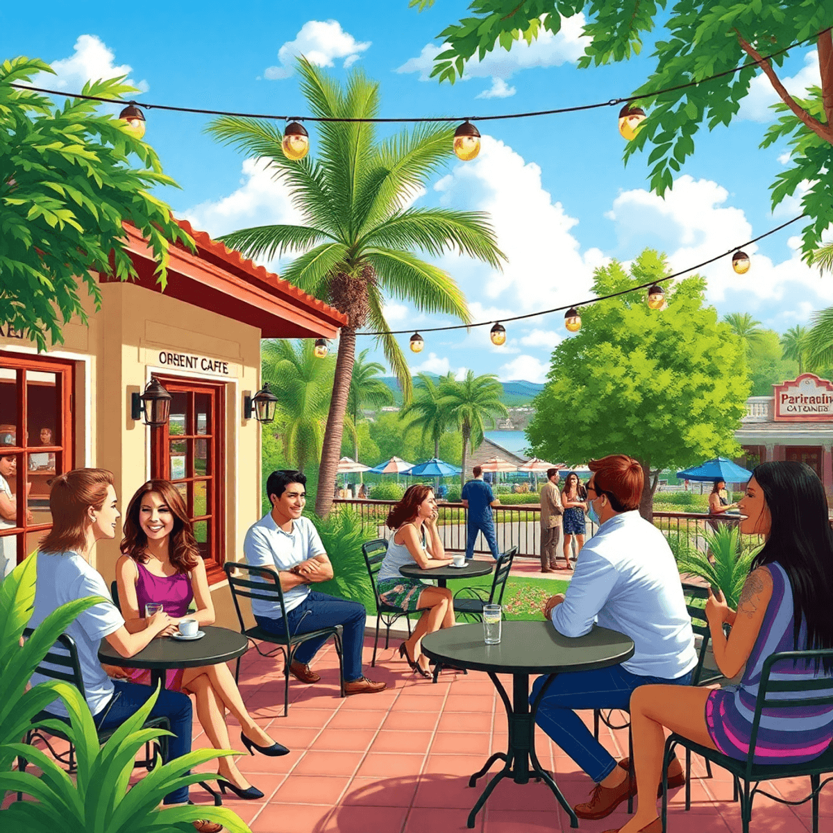 A lively outdoor café scene in East Lake-Orient Park, Florida, with people socializing, laughing, and enjoying coffee amidst lush greenery and a we...