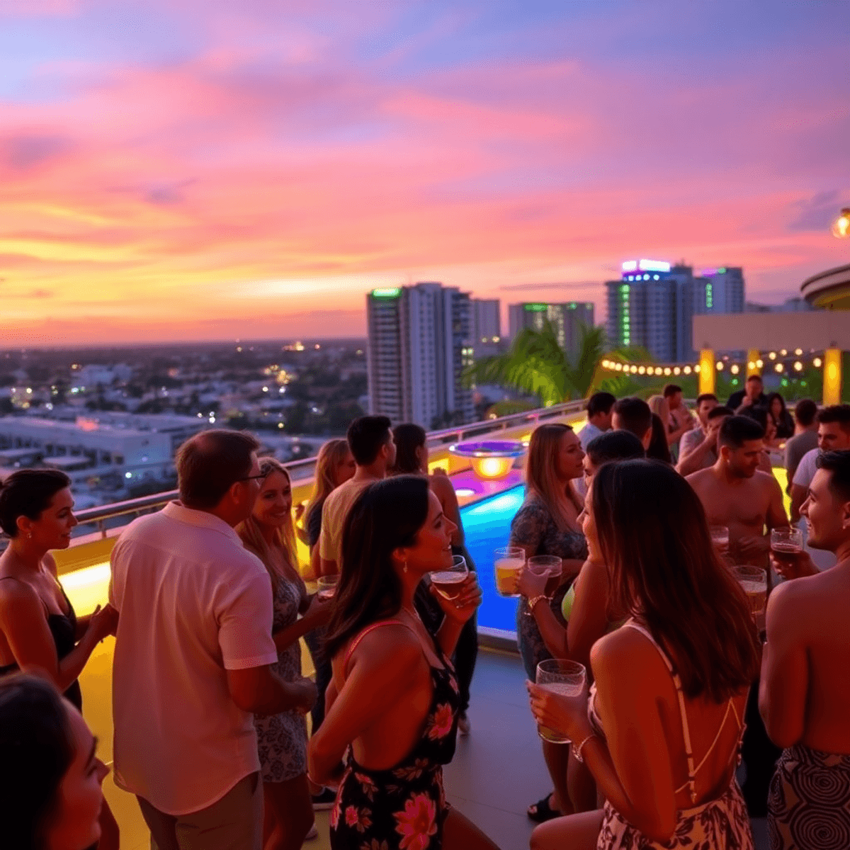A lively rooftop bar in Miami Lakes at sunset, filled with singles enjoying drinks, colorful lights, and a DJ, creating a fun and engaging atmosphere.