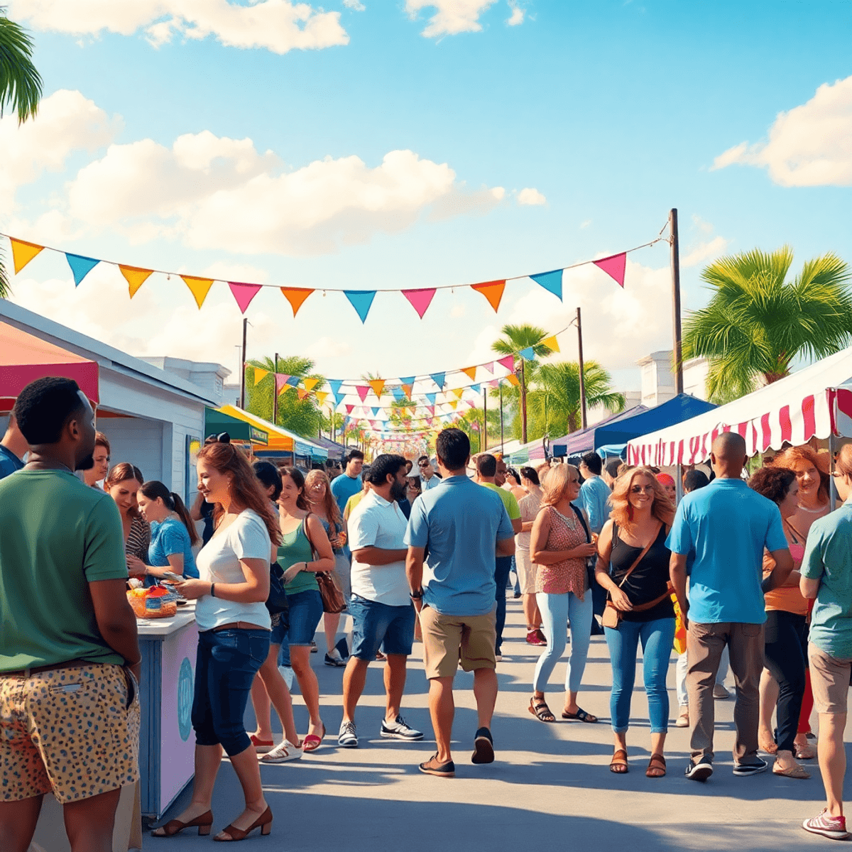A lively community event in Ferry Pass, Florida, with colorful banners, food stalls, and singles engaging in fun outdoor activities, all creating a...