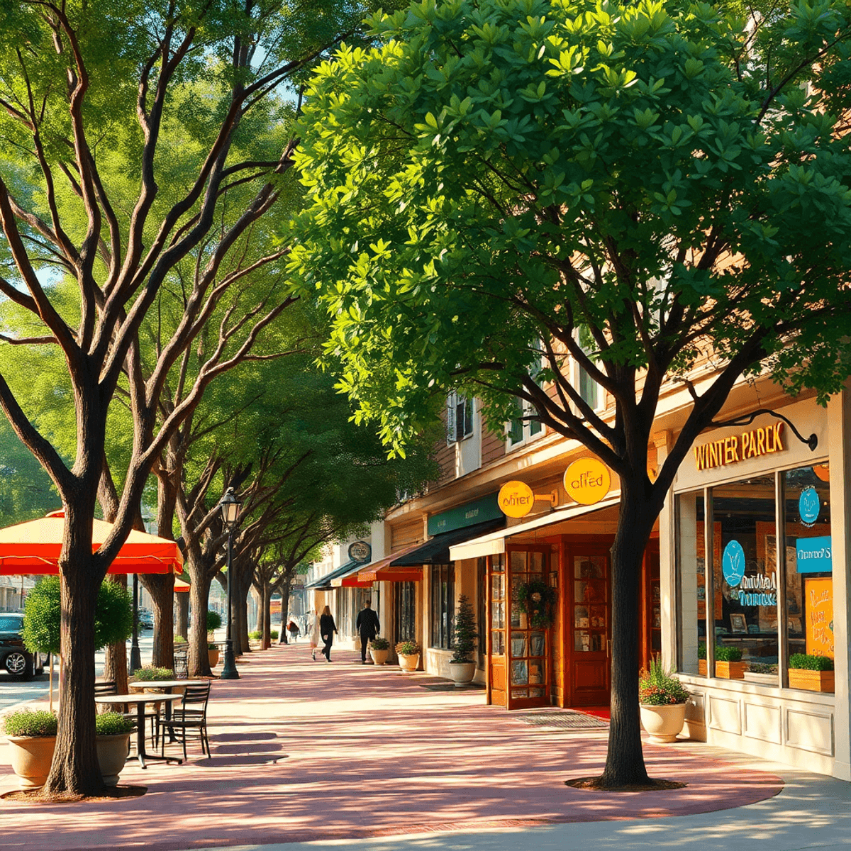 A charming street in Winter Park, Florida, lined with trees, cozy cafes, and vibrant art galleries, creating an inviting atmosphere with warm color...