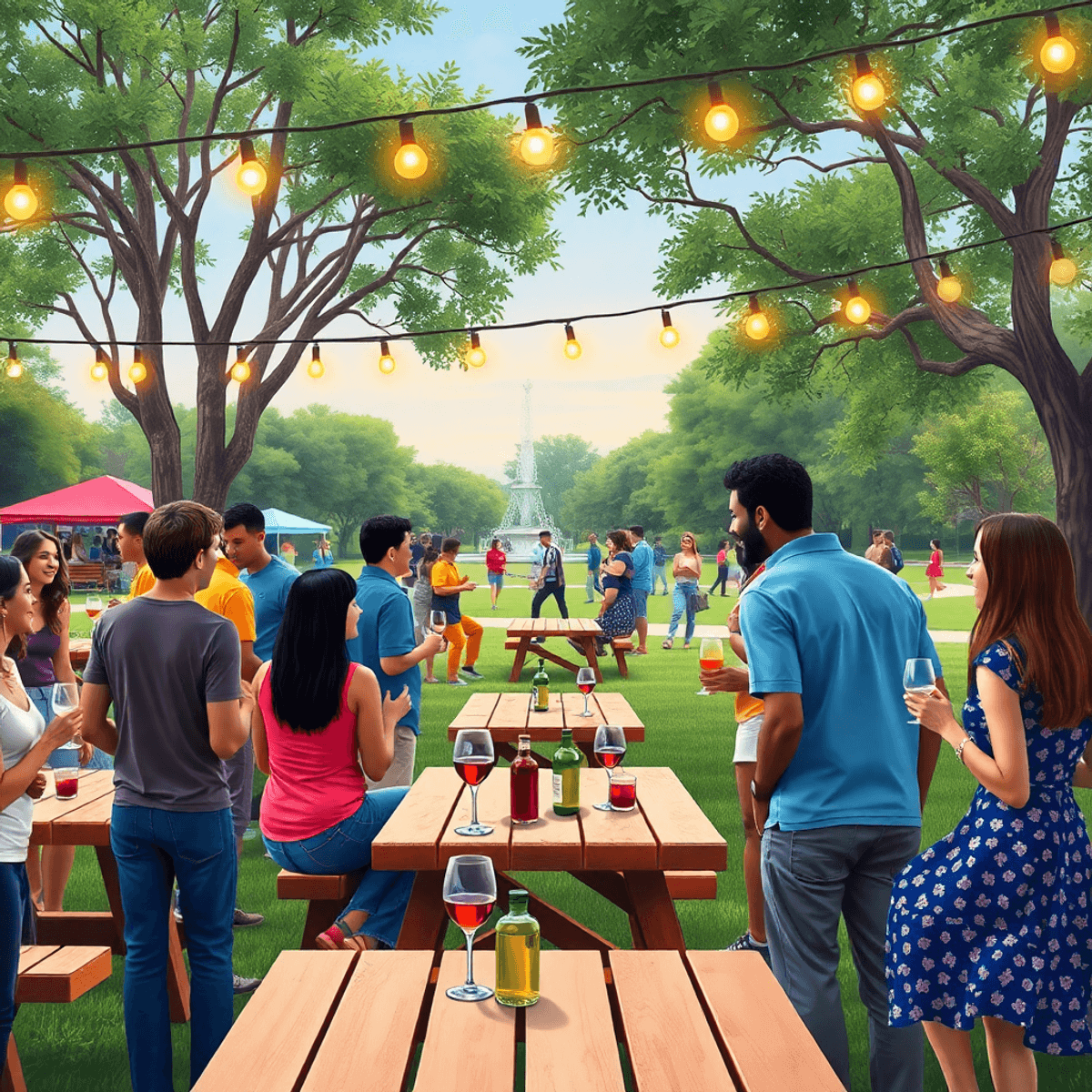 A lively community mixer in a park with singles chatting, enjoying wine tasting, and live music under string lights and festive decorations.