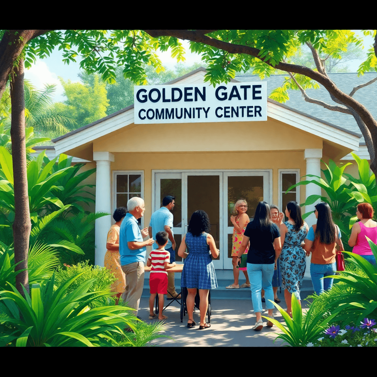 A lively scene at the Golden Gate Community Center, filled with greenery and people enjoying social activities together, creating a warm and welcom...