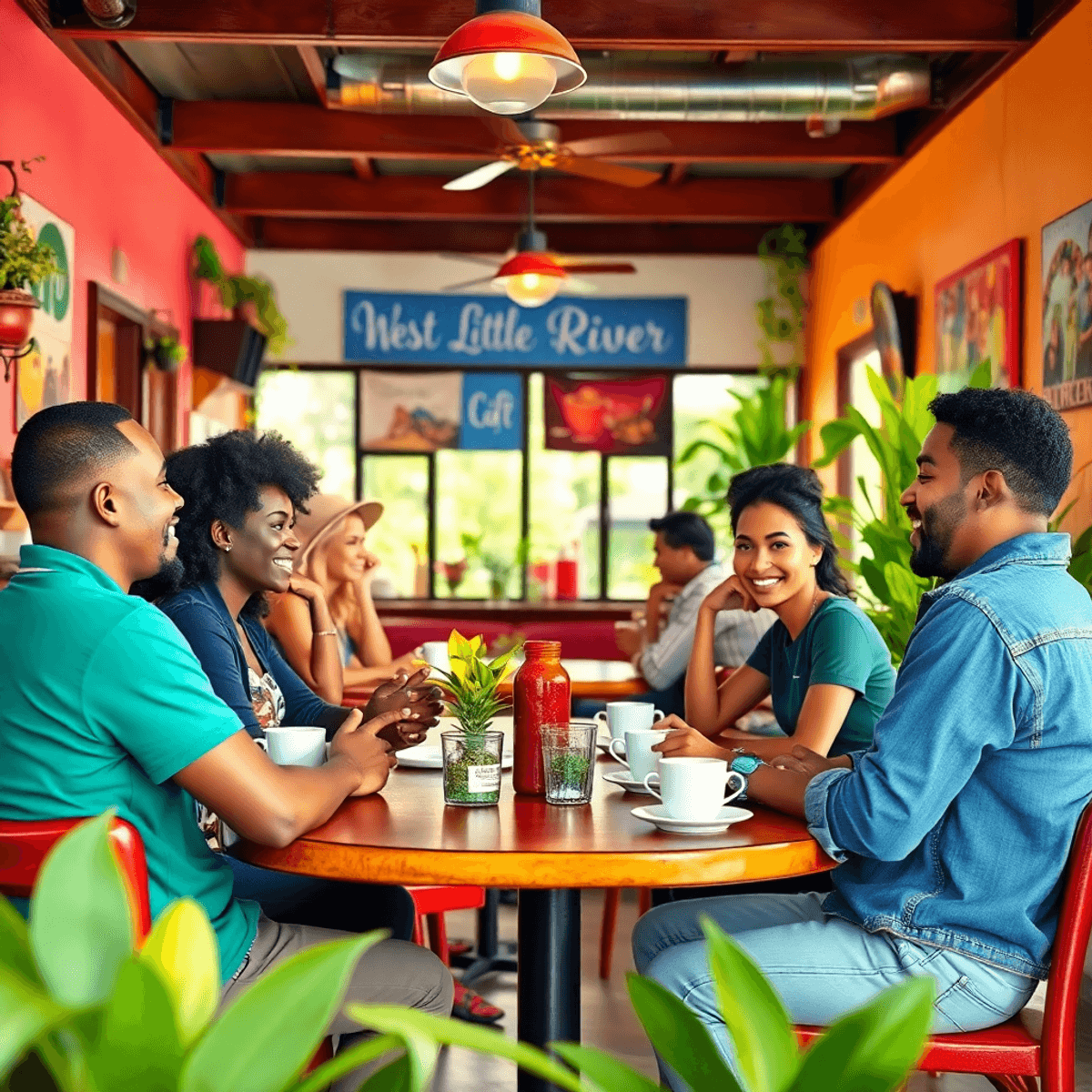 A lively cafe scene in West Little River, featuring singles chatting over coffee, surrounded by colorful decor and greenery, capturing a warm and i...