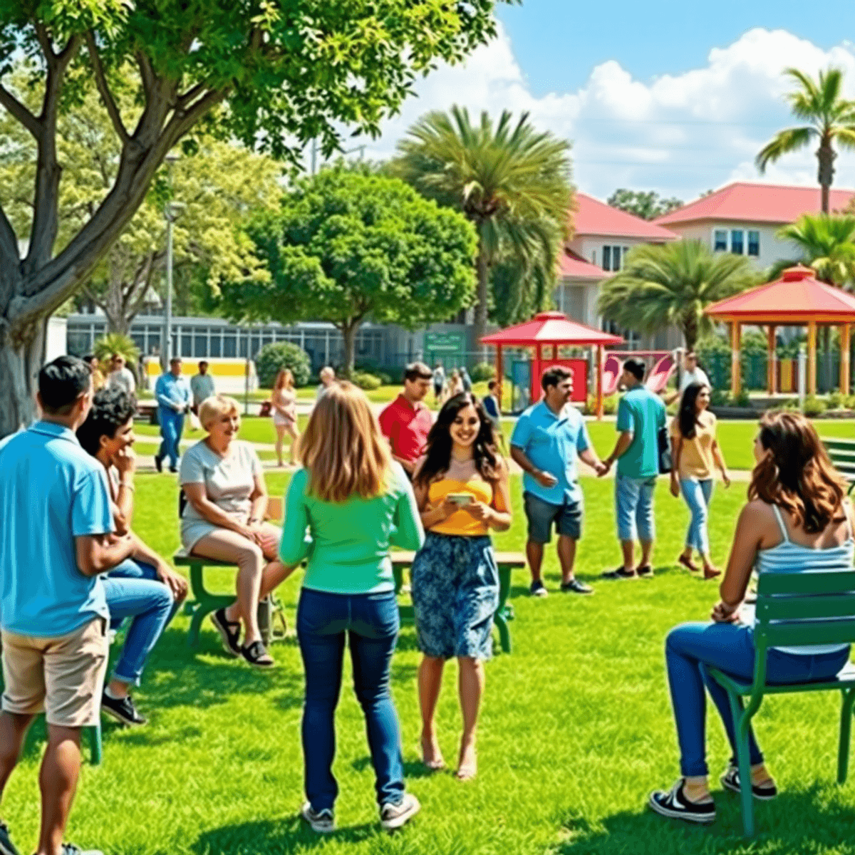 A lively suburban park scene with singles chatting and playing games amidst lush greenery and recreational facilities, radiating warmth and communi...