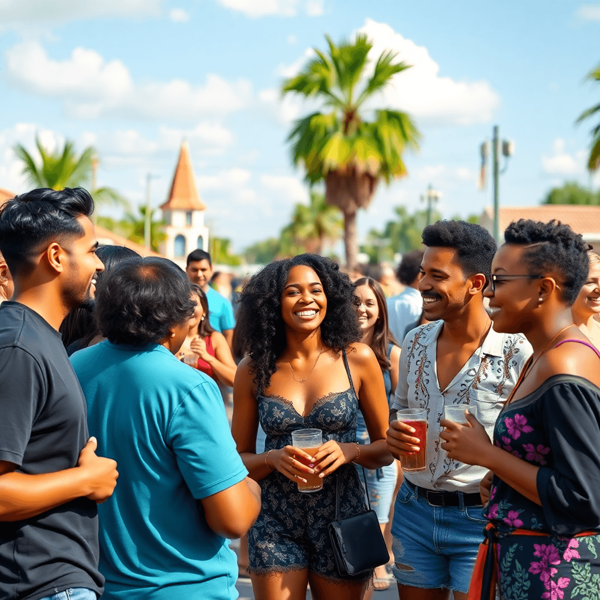 A lively community event in Egypt Lake-Leto, Florida, featuring a diverse group of singles interacting joyfully against a backdrop of palm trees an...