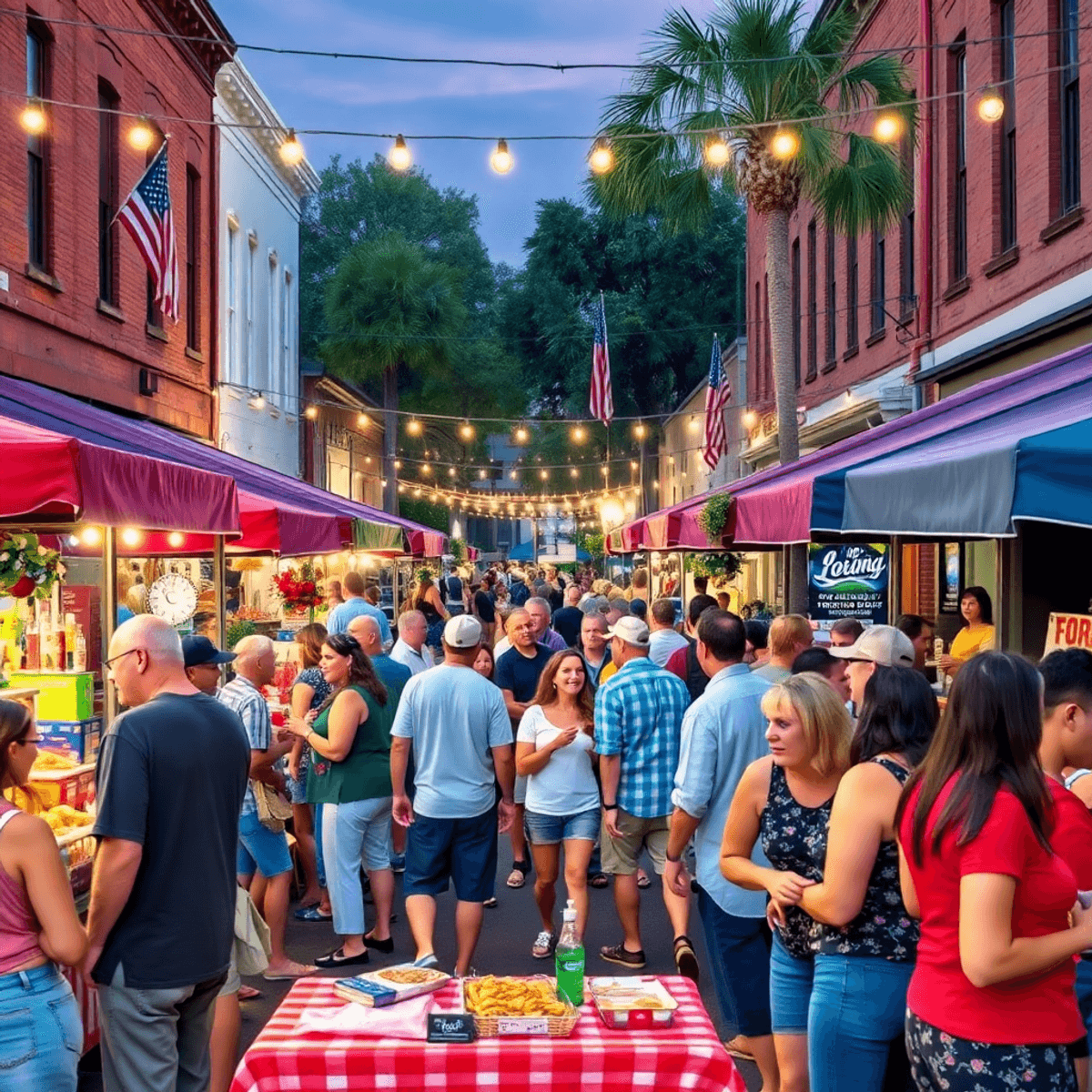 A lively Friday night market in DeLand, Florida, with colorful stalls, locals enjoying food, and people mingling against a charming historic backdrop.
