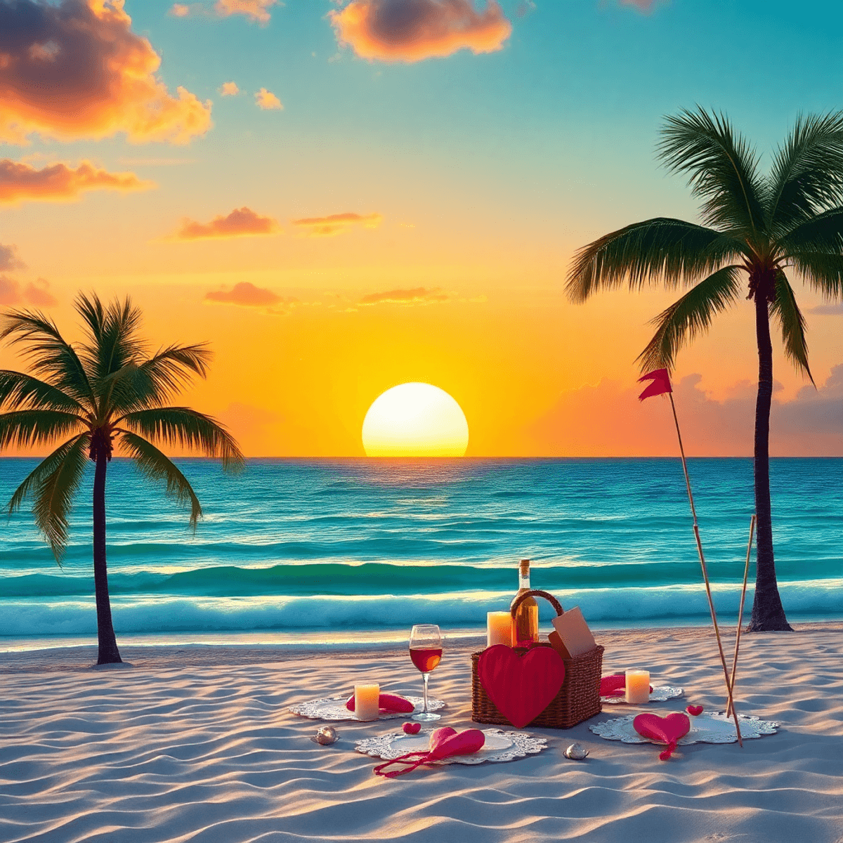 A vibrant beach scene at sunset in Merritt Island, Florida, featuring silhouettes of palm trees and a romantic picnic setup with heart-shaped decor...