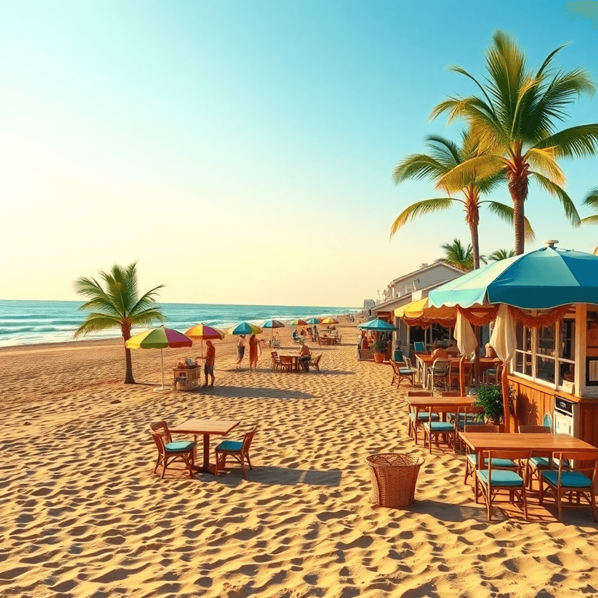 A vibrant beach scene in Riviera Beach, Florida, showcasing golden sand, gentle waves, a cozy café, colorful umbrellas, palm trees, and a relaxed r...