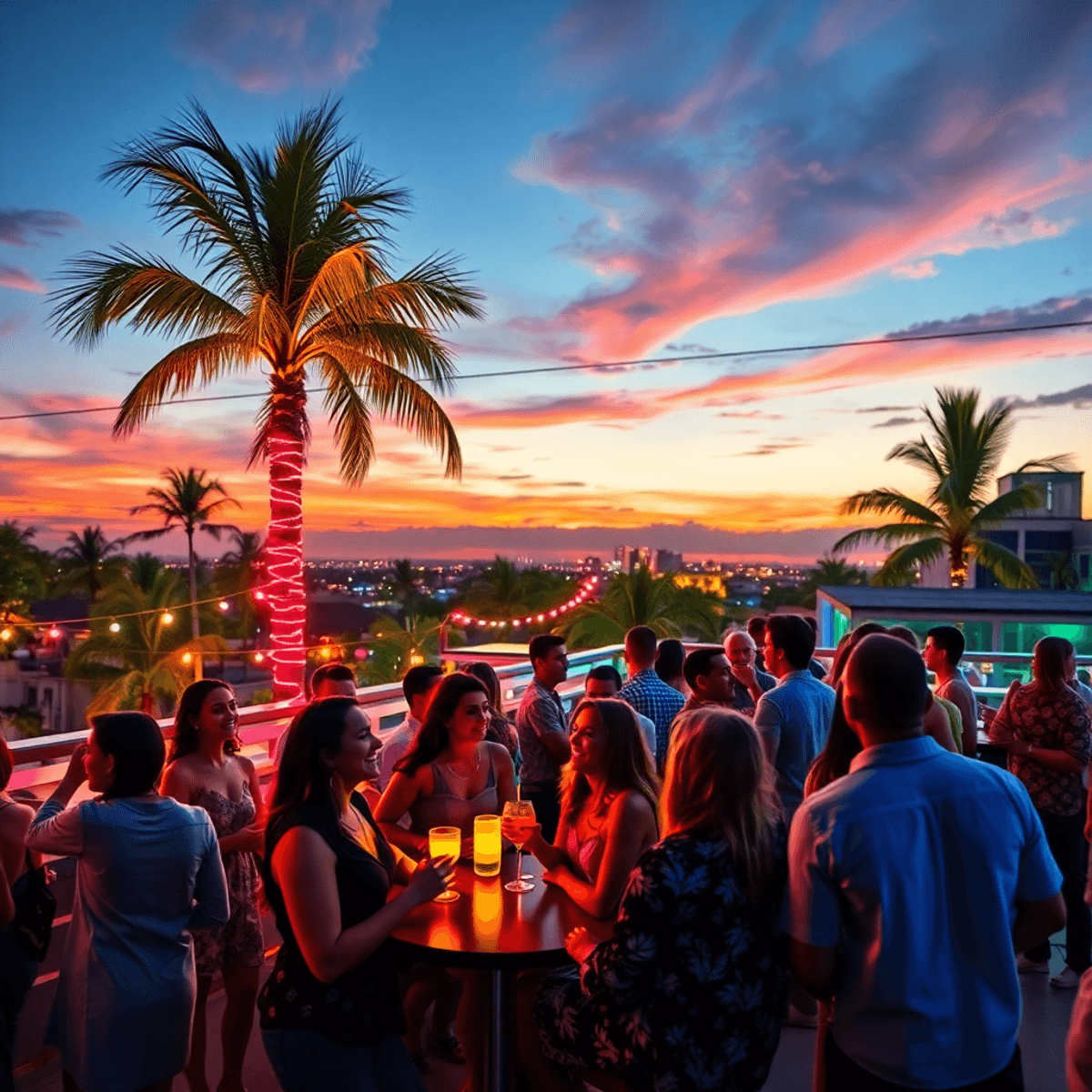 A lively rooftop bar in Kendall West, Florida, with colorful lights, people enjoying drinks and laughter, palm trees, and a beautiful sunset sky.