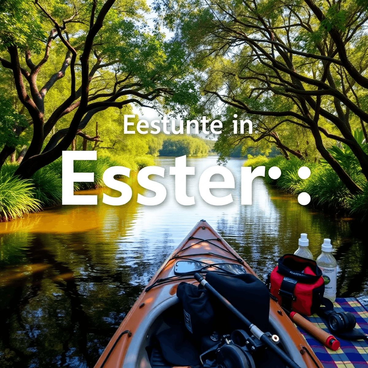 A scenic view of the Estero River surrounded by lush greenery, featuring a kayak on the water and hints of fishing gear and picnic setups, evoking ...