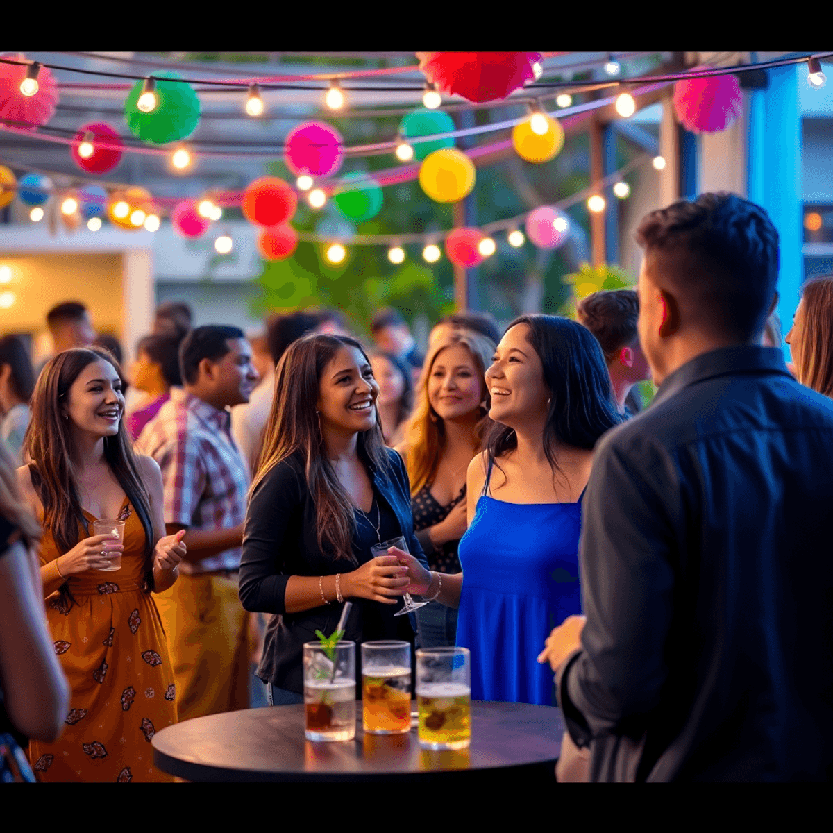 A lively outdoor gathering in Richmond West, Florida, with young professionals enjoying drinks, conversation, and colorful decorations in a warm at...