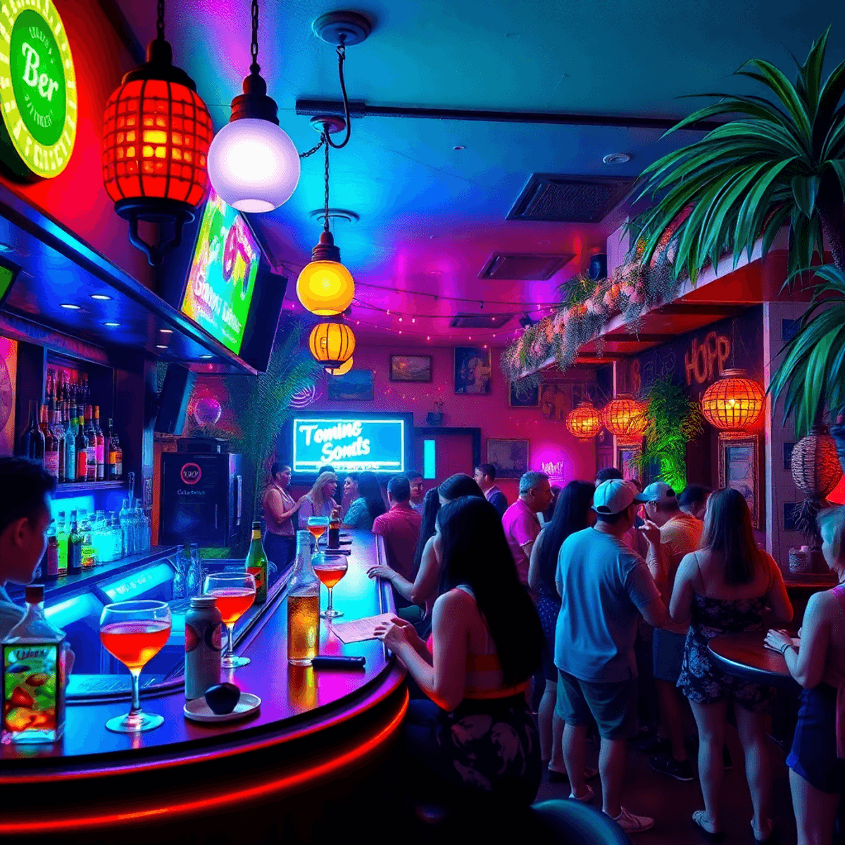 A lively bar scene in South Miami Heights with colorful lights, cocktails, and people mingling, creating an inviting atmosphere for socializing and...