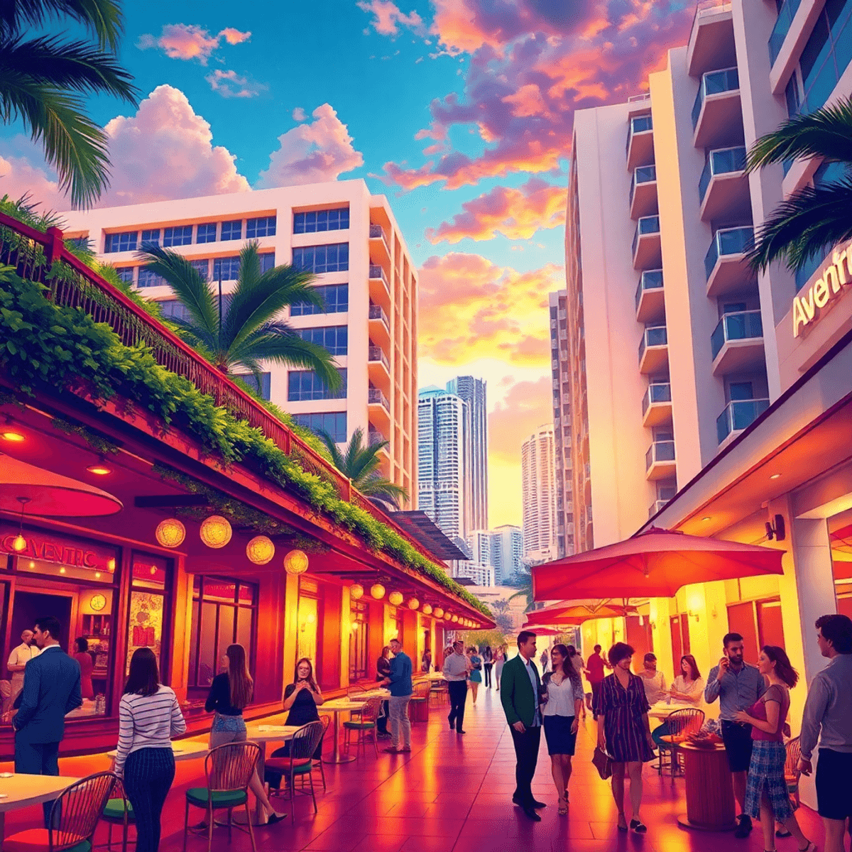 A vibrant Aventura cityscape featuring upscale venues, stylish people mingling, and colorful outdoor activities, capturing a lively and sophisticat...