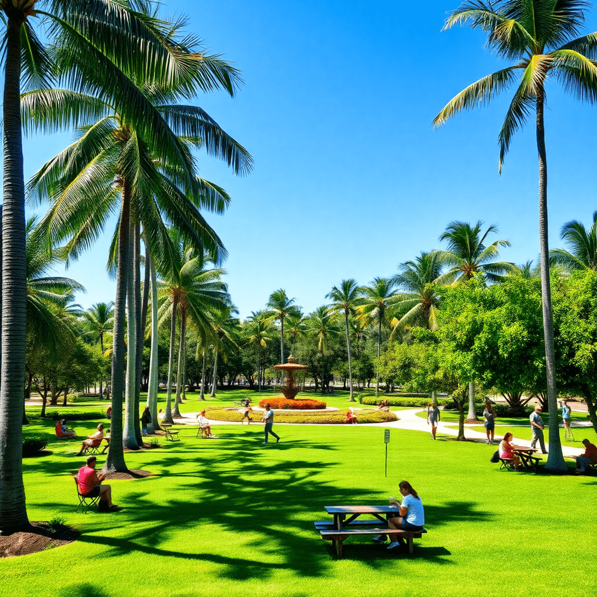 A vibrant park in Royal Palm Beach, Florida, filled with lush greenery and palm trees, showcasing people picnicking and walking under bright sunshi...