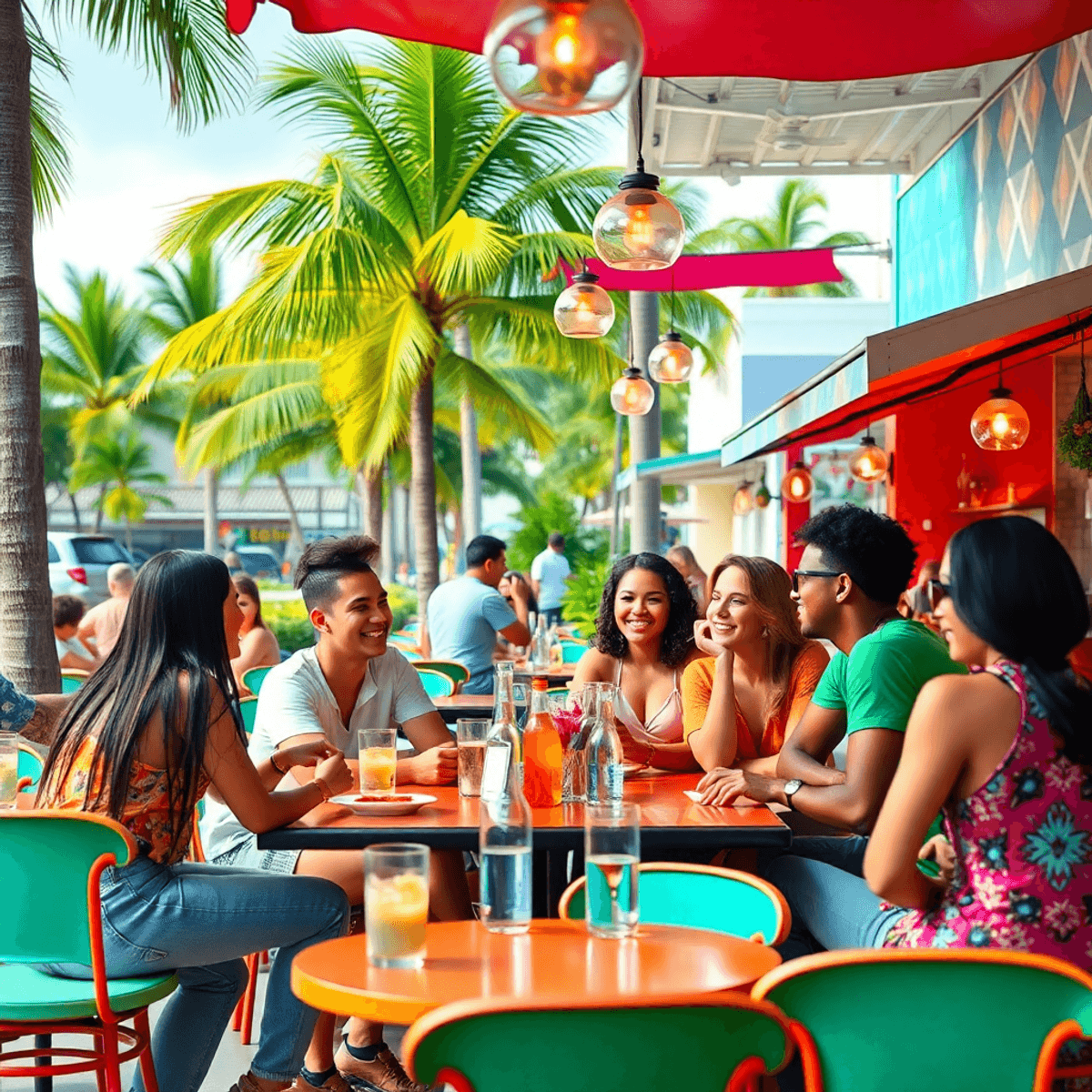 A lively cafe scene in Golden Glades, Miami, featuring young singles socializing outdoors amidst colorful decor and palm trees, capturing a vibrant...