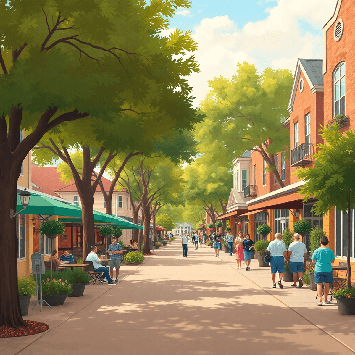 A sunny suburban street in Carrollwood, Florida, lined with trees and local cafes, featuring people socializing at community events in a warm, invi...