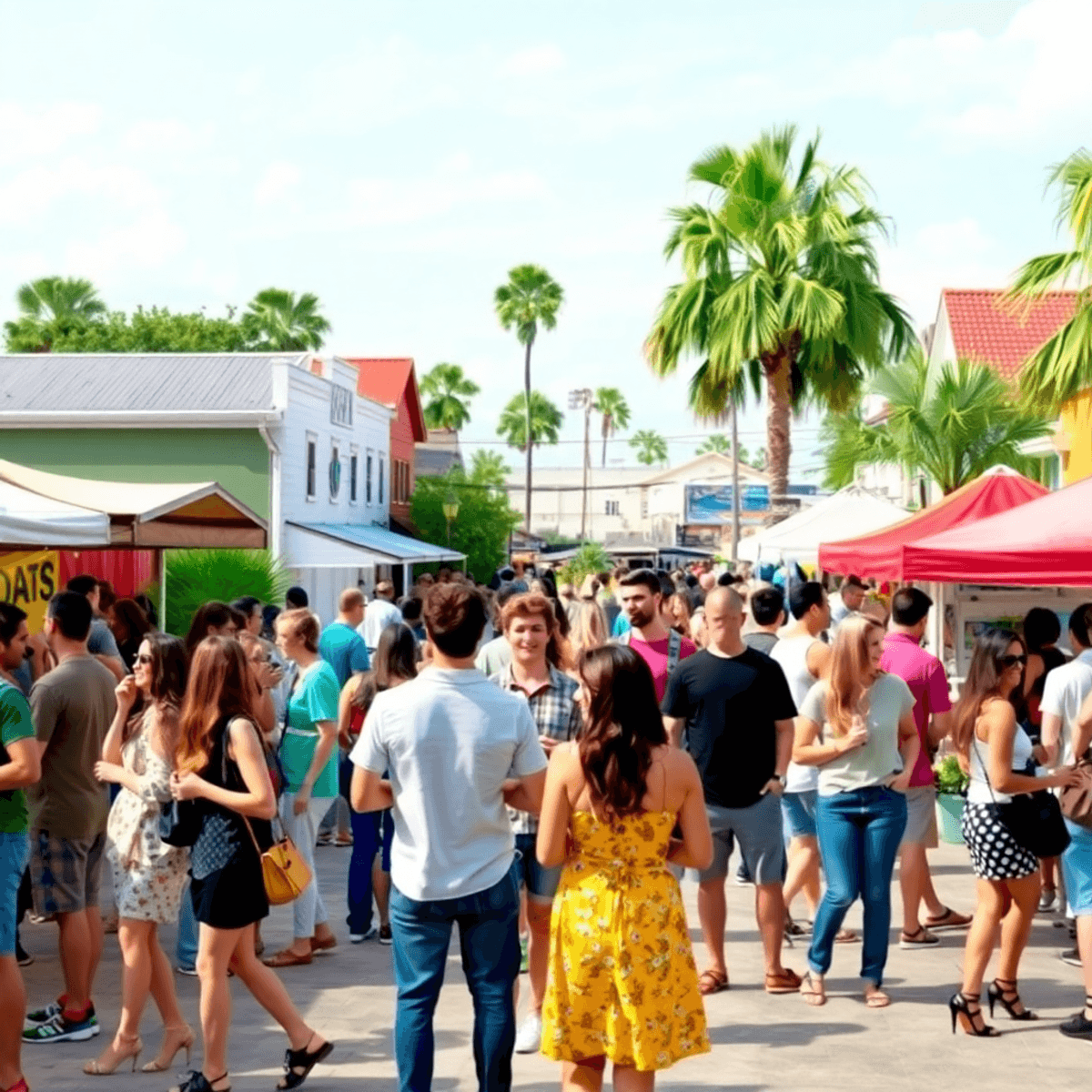 A lively outdoor scene with a group of singles mingling, laughing, and enjoying activities at a local event in Princeton, Florida, surrounded by pa...