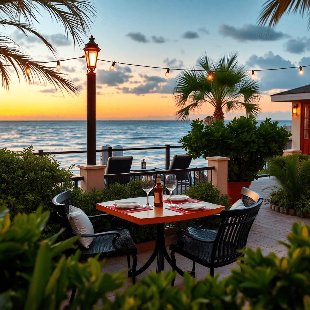 A cozy outdoor table set for two, surrounded by lush greenery and a calm ocean, creates a romantic dining scene in Fort Pierce, Florida, with soft ...