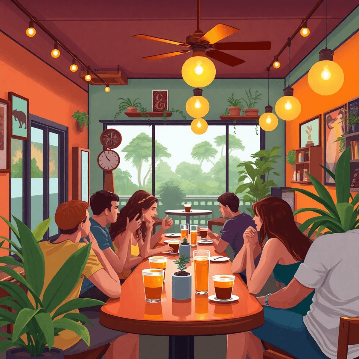 A cozy coffee shop in Clermont, Florida, bustling with people socializing over drinks, featuring warm decor and Florida-themed artwork that fosters...