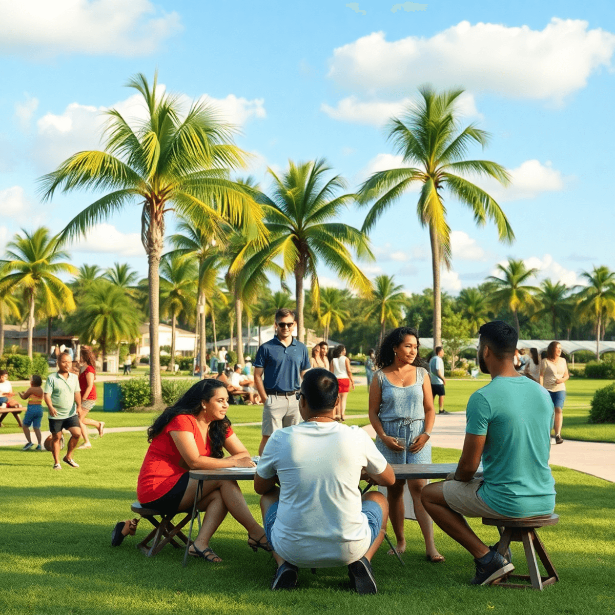 A sunny park in North Fort Myers, Florida, with couples picnicking and walking among palm trees, while a small group chats nearby, creating a warm ...
