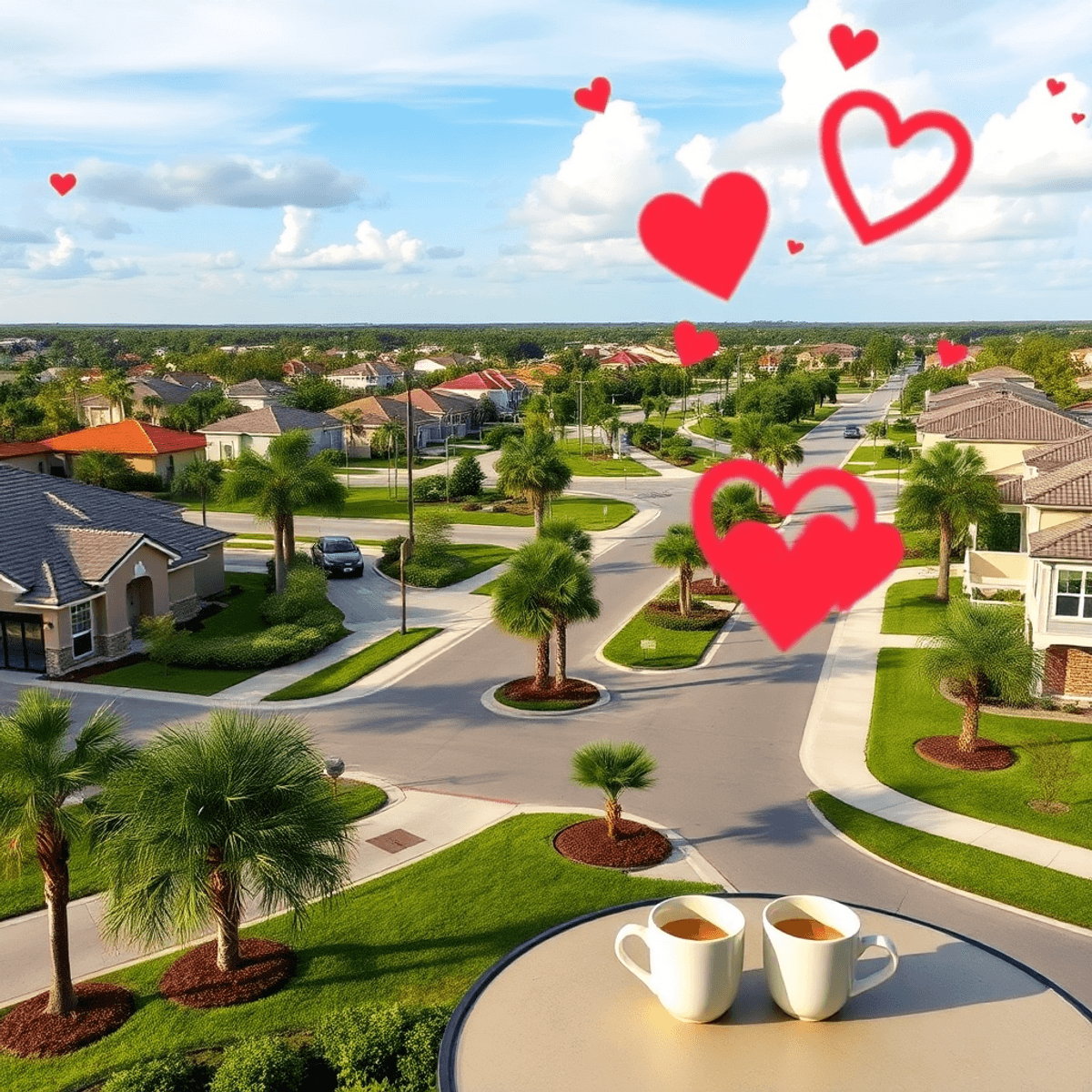 A vibrant suburban landscape in Meadow Woods, Florida, showcasing well-kept streets, modern amenities, and romantic elements like heart shapes and ...