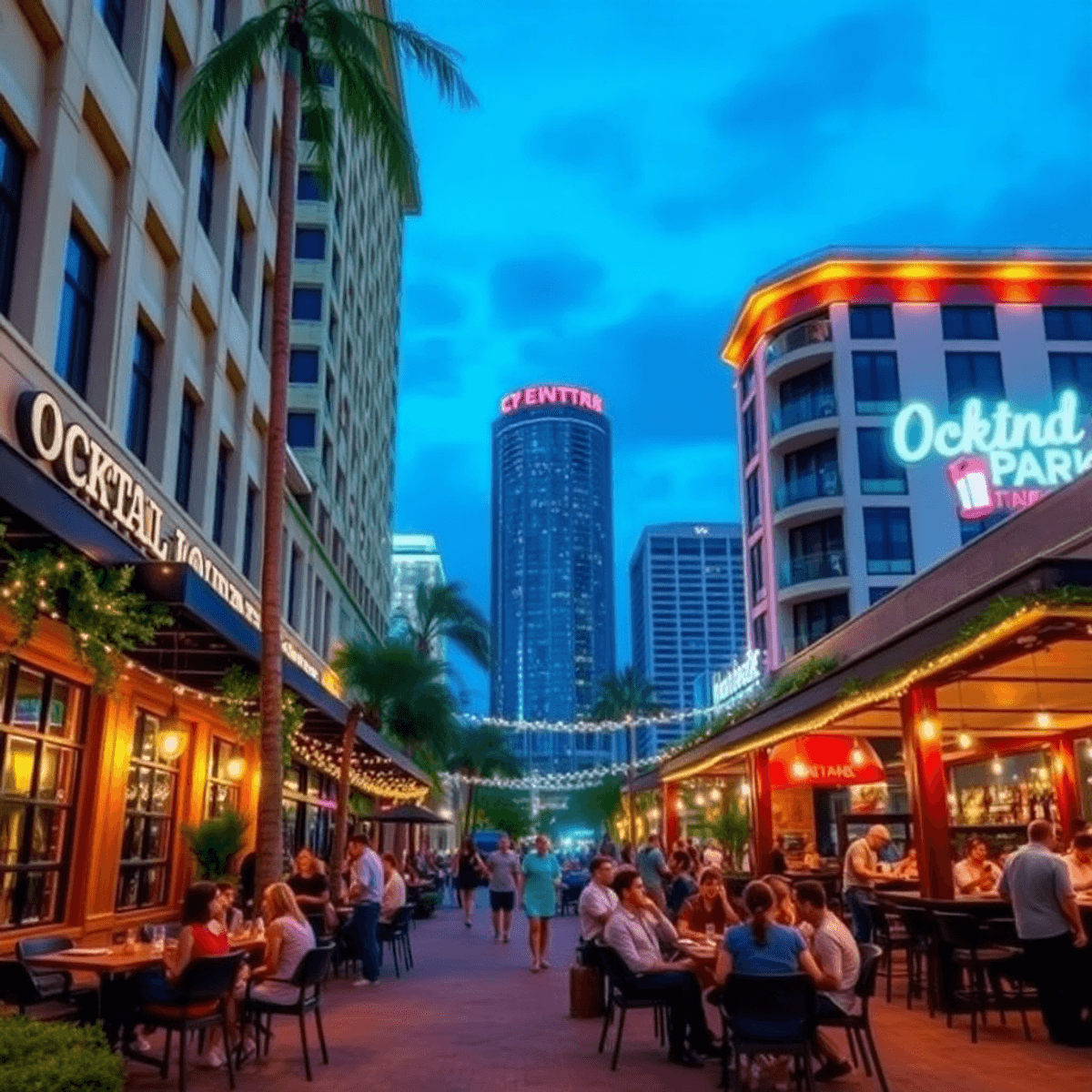 A lively Oakland Park cityscape at night, showcasing trendy cocktail lounges and wine bars, outdoor seating, twinkling lights, and young profession...