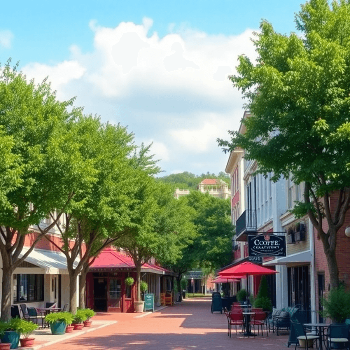 A vibrant street scene in Ocoee, Florida, showcasing tree-lined roads, historic buildings, a cozy coffee shop, and a craft brewery with inviting ou...