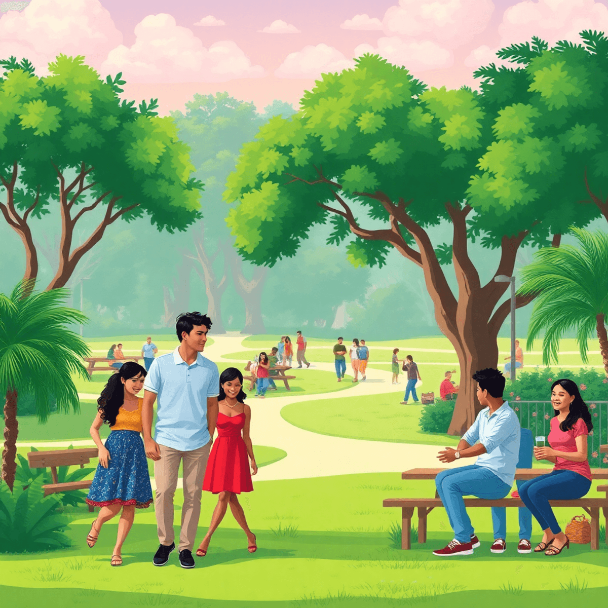 A scenic park in Greenacres, Florida, featuring lush greenery and picnic areas with couples enjoying activities like walking and chatting, capturin...
