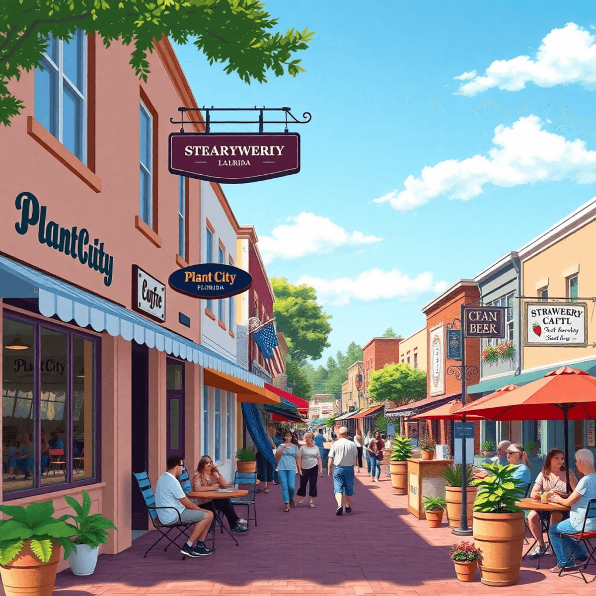 A lively small-town street in Plant City, Florida, with cozy coffee shops, local breweries, and people enjoying outdoor seating under a bright blue...