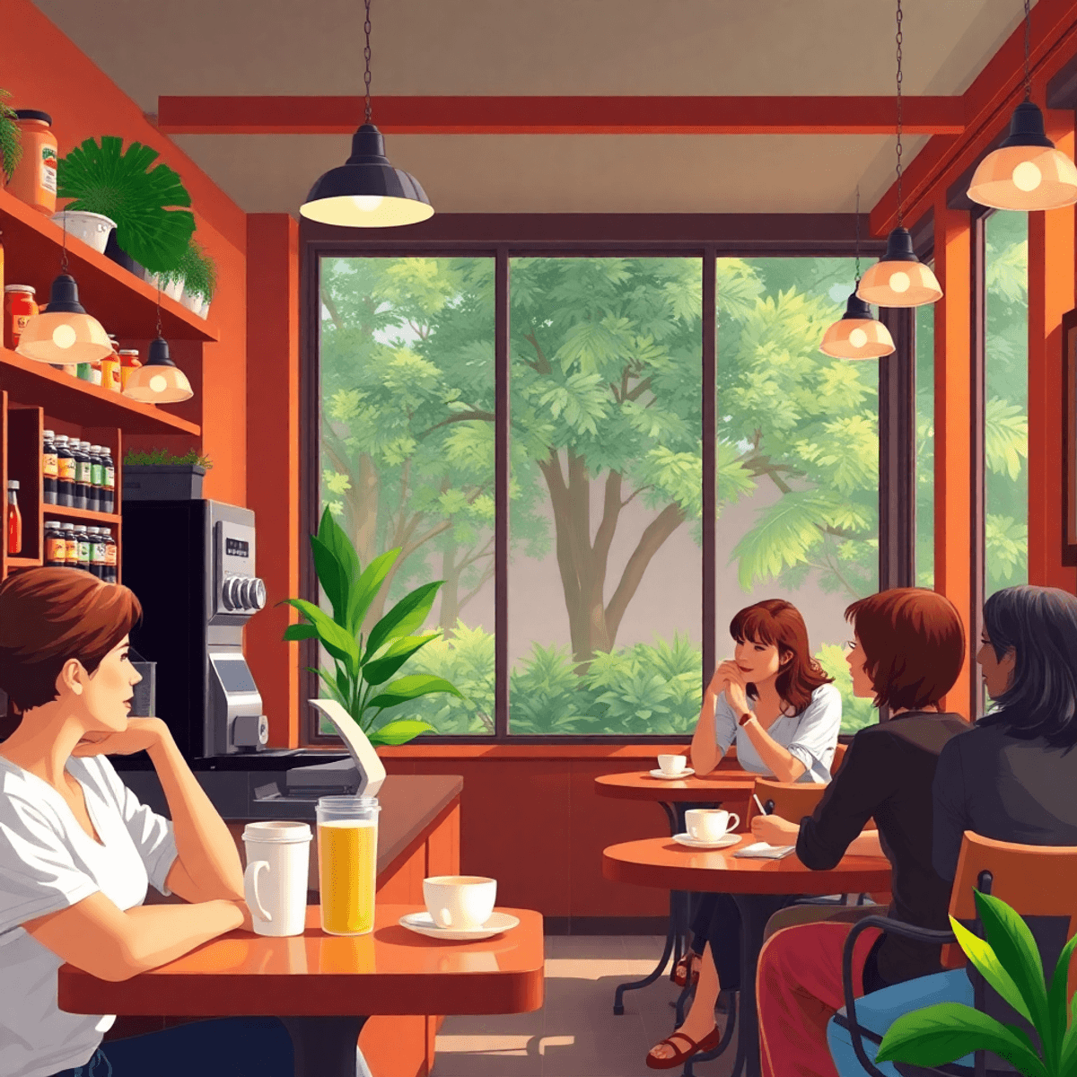 A cozy coffee shop bustling with patrons chatting, a barista serving coffee, and greenery visible through the windows, creating a warm and inviting...