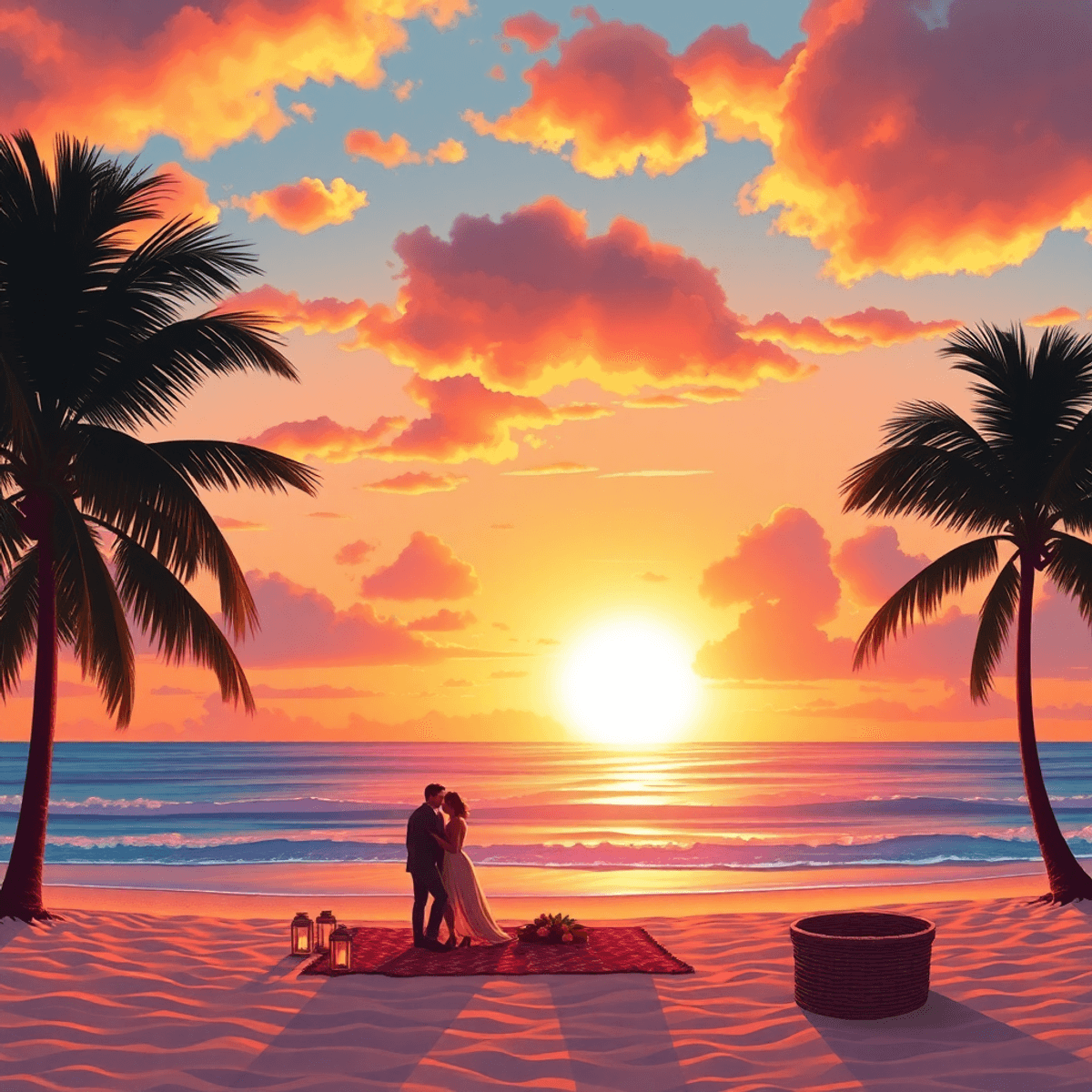 A sunset beach scene in Sarasota, Florida, with silhouettes of palm trees and a couple having a romantic picnic on the sand, evoking warmth and con...