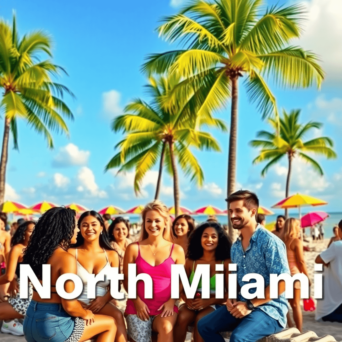 A lively beach scene in North Miami with people socializing under colorful umbrellas and palm trees, creating a vibrant atmosphere of connection an...