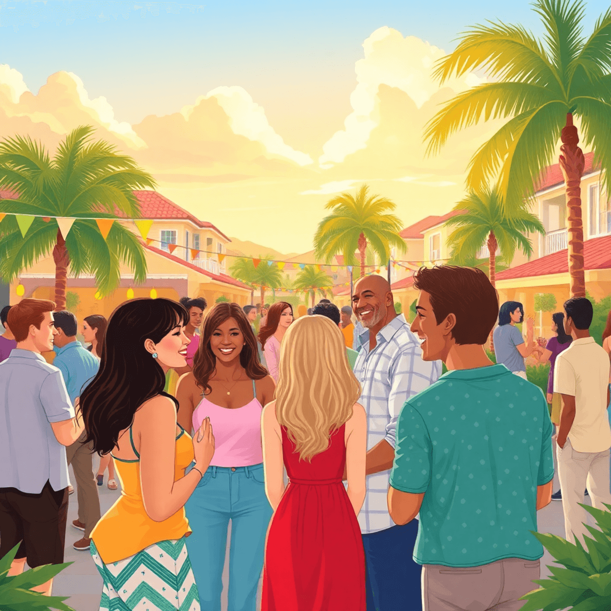 A lively outdoor gathering in Kendale Lakes, featuring singles engaging in conversation under palm trees, with colorful decorations and a sunny sky...