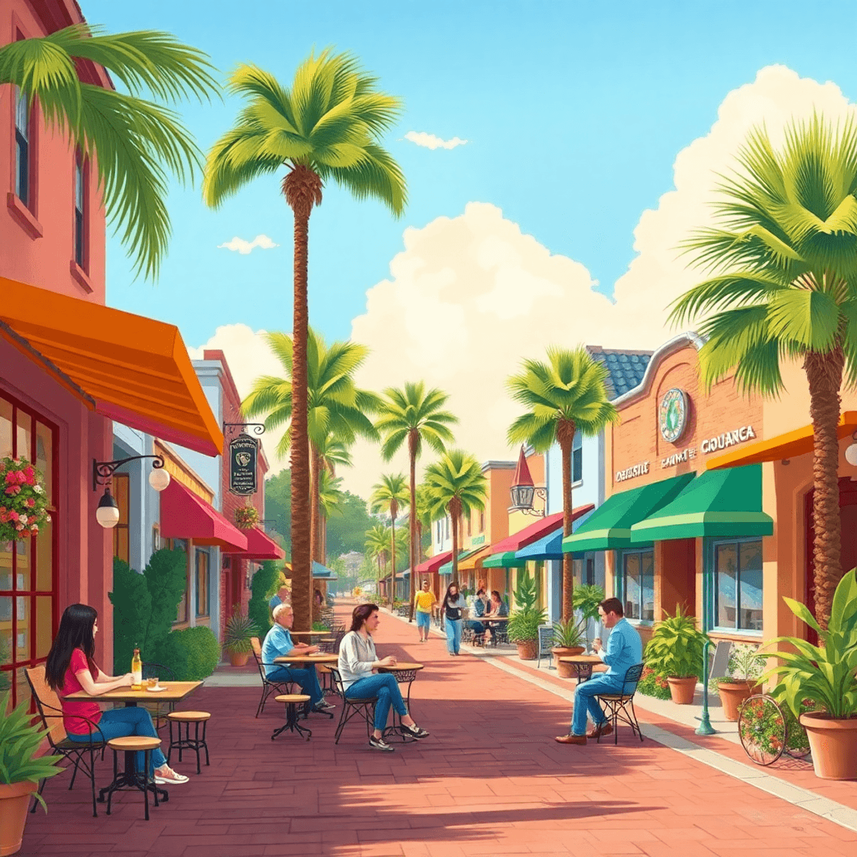 A lively small-town street in St. Cloud, Florida, with cozy cafes, parks, couples enjoying activities, and palm trees under warm sunshine, creating...