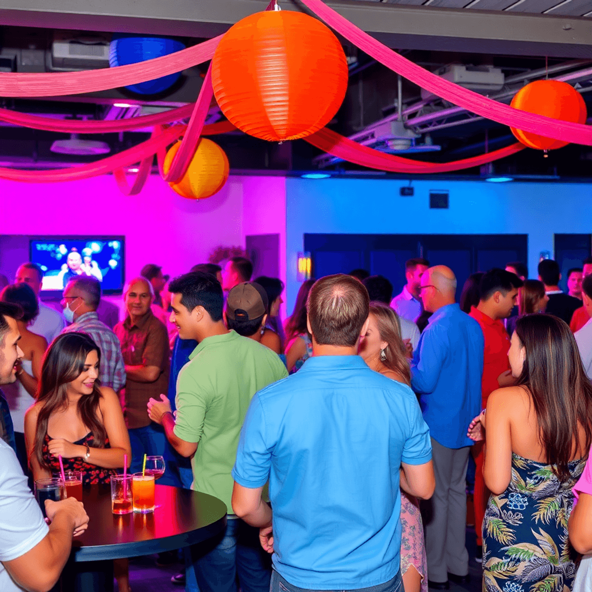 A lively singles mixer in Coconut Creek, Florida, with people engaging in conversation amidst colorful decorations and a vibrant atmosphere.