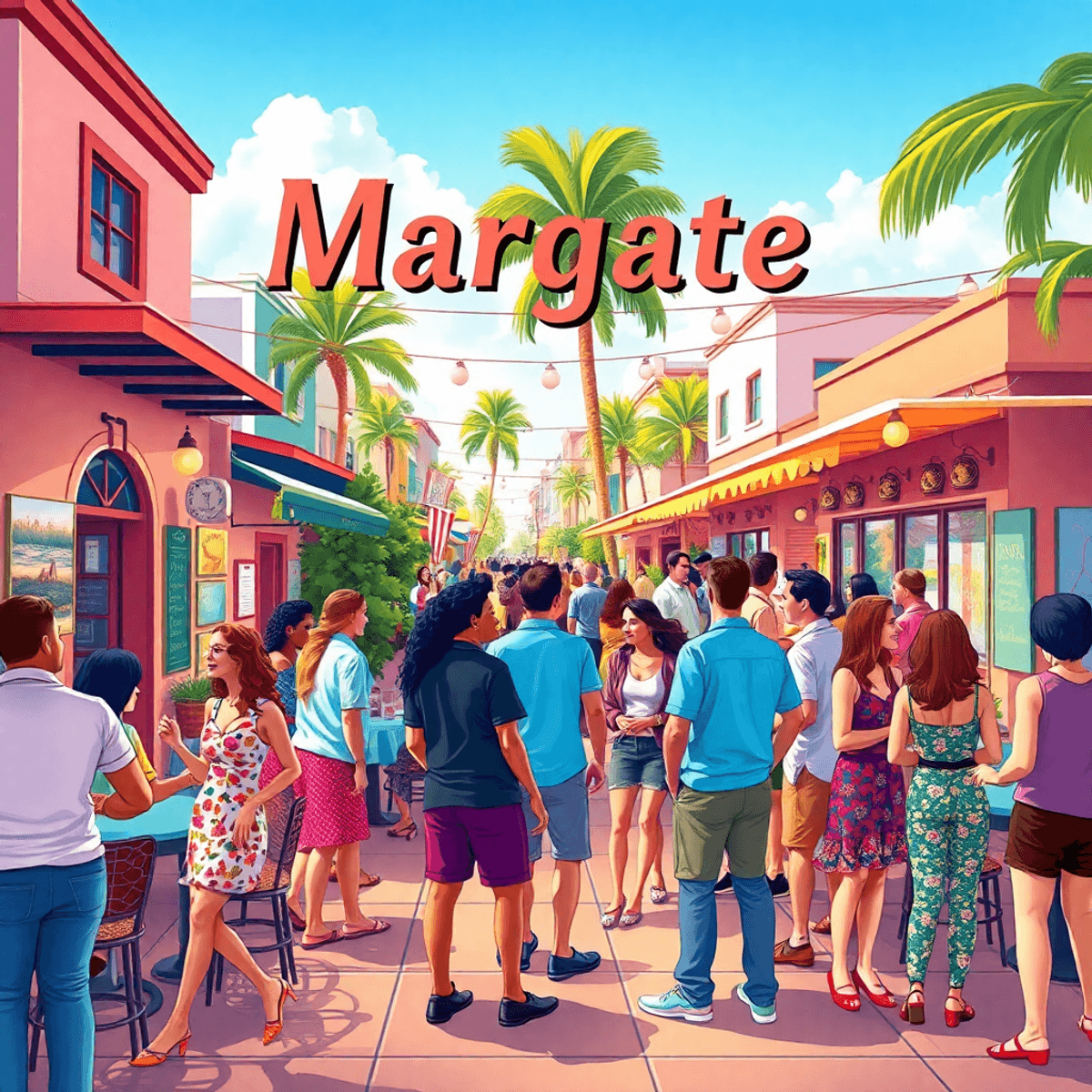 A colorful outdoor social event in Margate, Florida, with singles mingling, enjoying local cafes, art displays, and a lively community atmosphere.