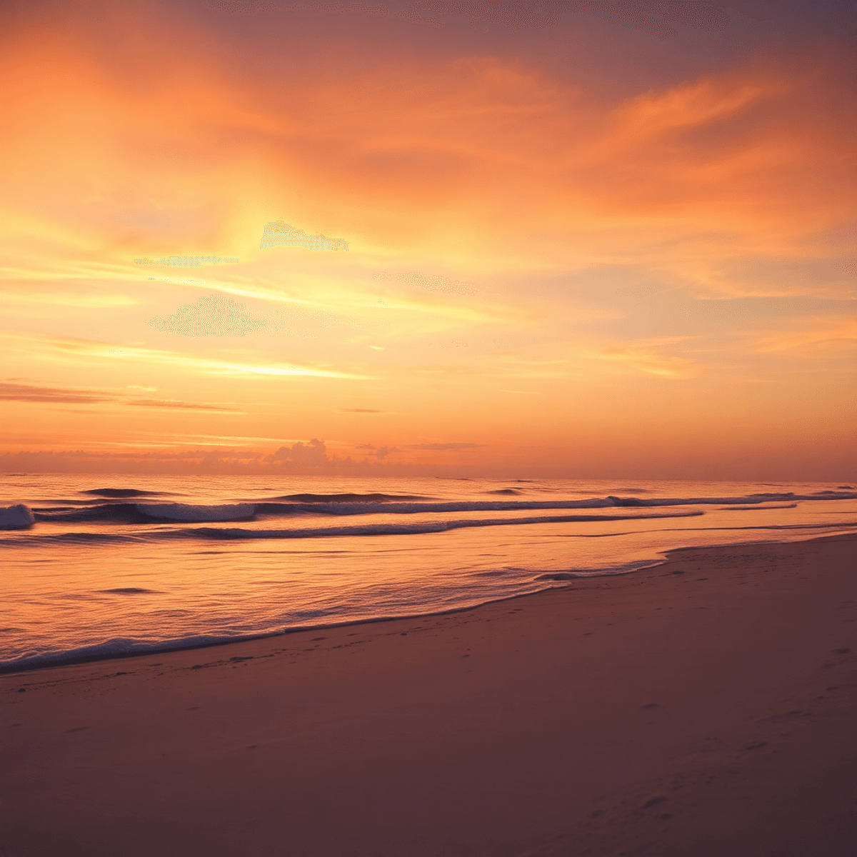 A romantic sunset at Playalinda Beach with gentle waves and soft sand, warm orange and pink skies, and a distant rocket launch silhouette on the ho...