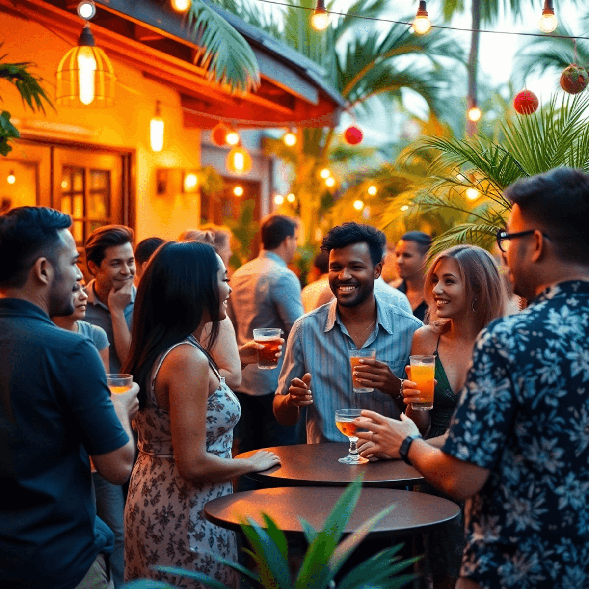 A lively outdoor social mixer in Tamiami, Florida, with singles enjoying drinks and conversations amid tropical plants and festive decorations.